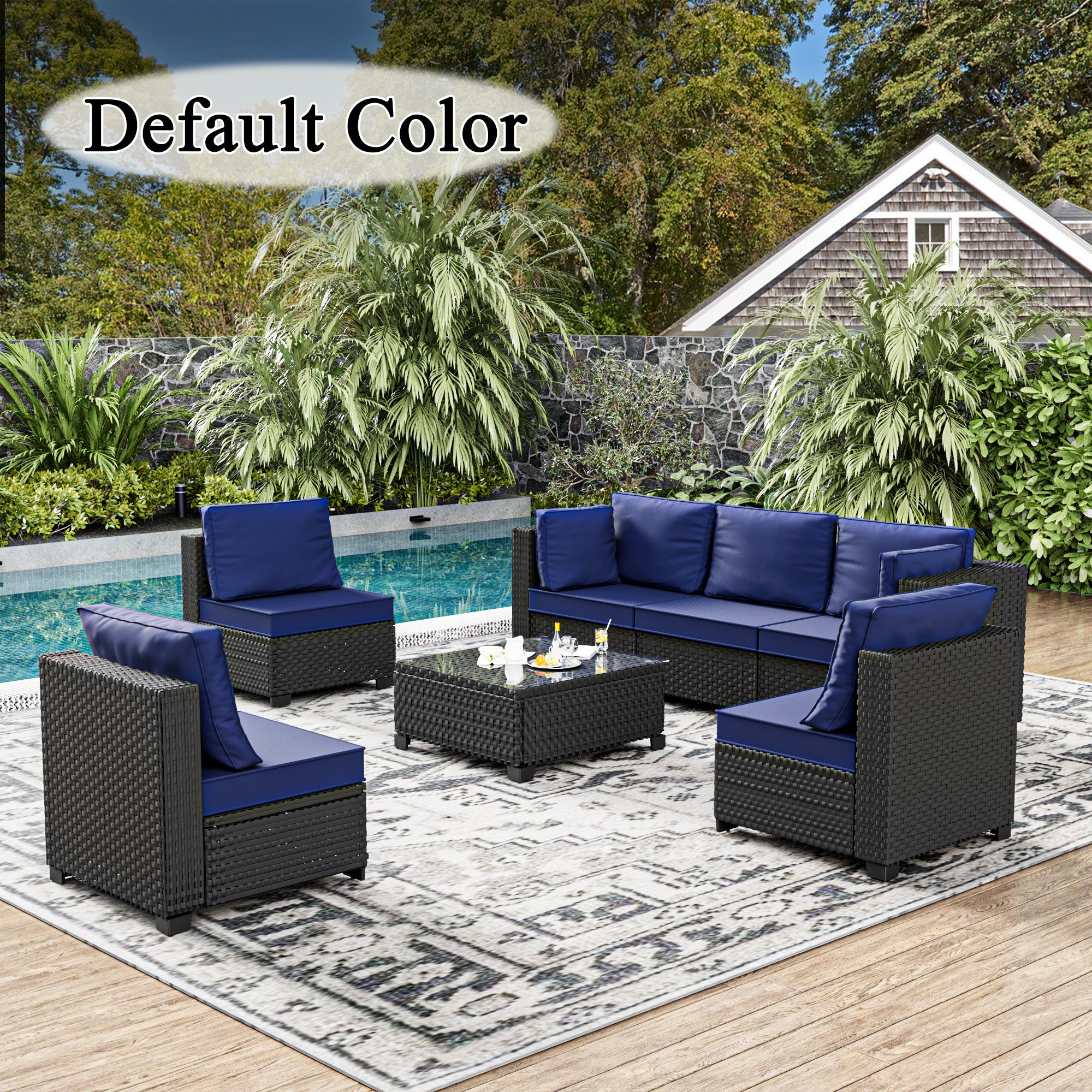Ark Design 7-Piece Rattan Wicker Outdoor Patio Conversation SofaSeating Set with Coffee Table, Stripe Red Cushions with Sofa Protection Cover Option