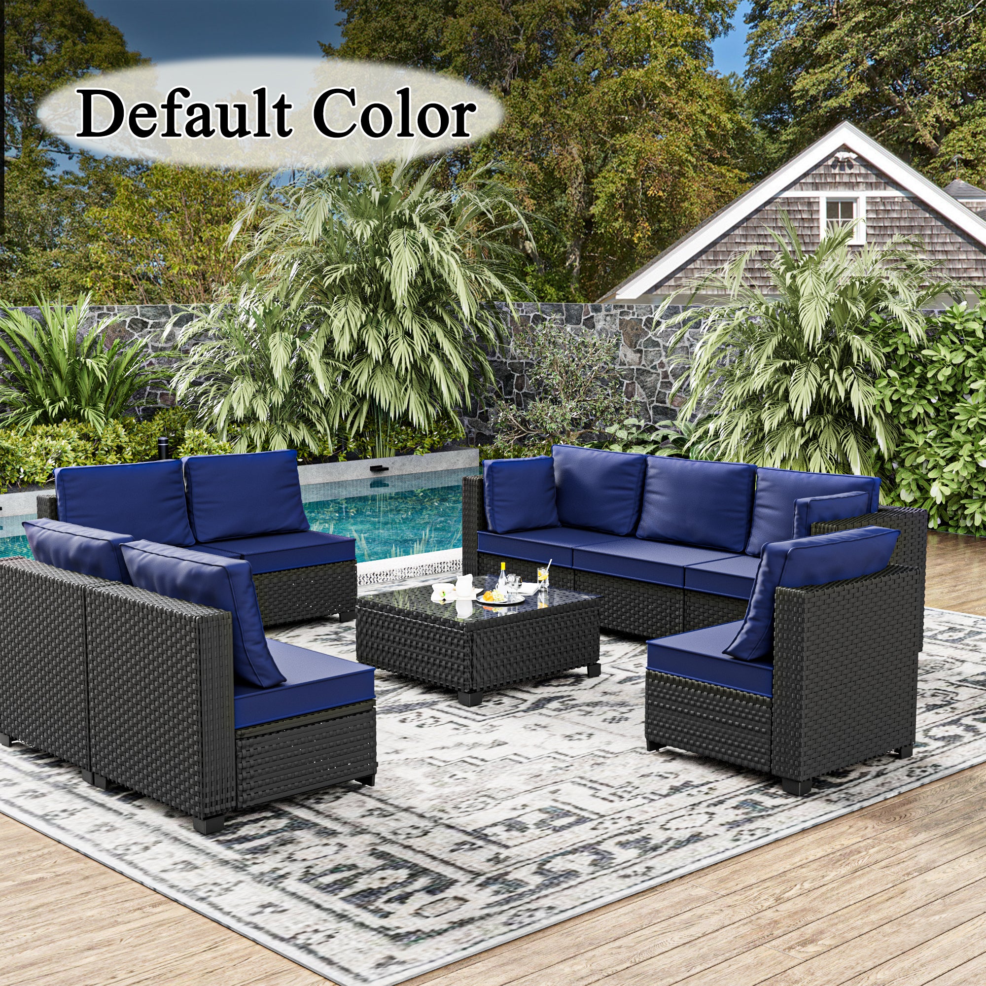 Ark Design 9-Piece Rattan Wicker Outdoor Patio Conversation SofaSeating Set with Coffee Table, Green Cushions with Sofa Protection Cover Option