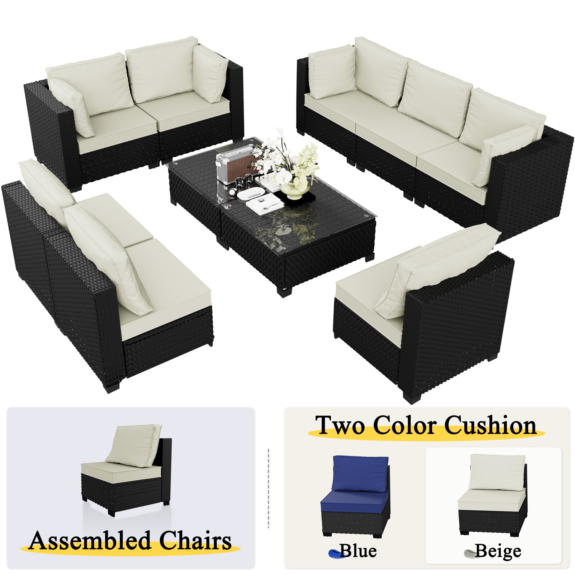 Ark Design 10-Piece Rattan Wicker Outdoor Patio Conversation SofaSeating Set with Coffee Table, Beige Cushions with Sofa Protection Cover Option