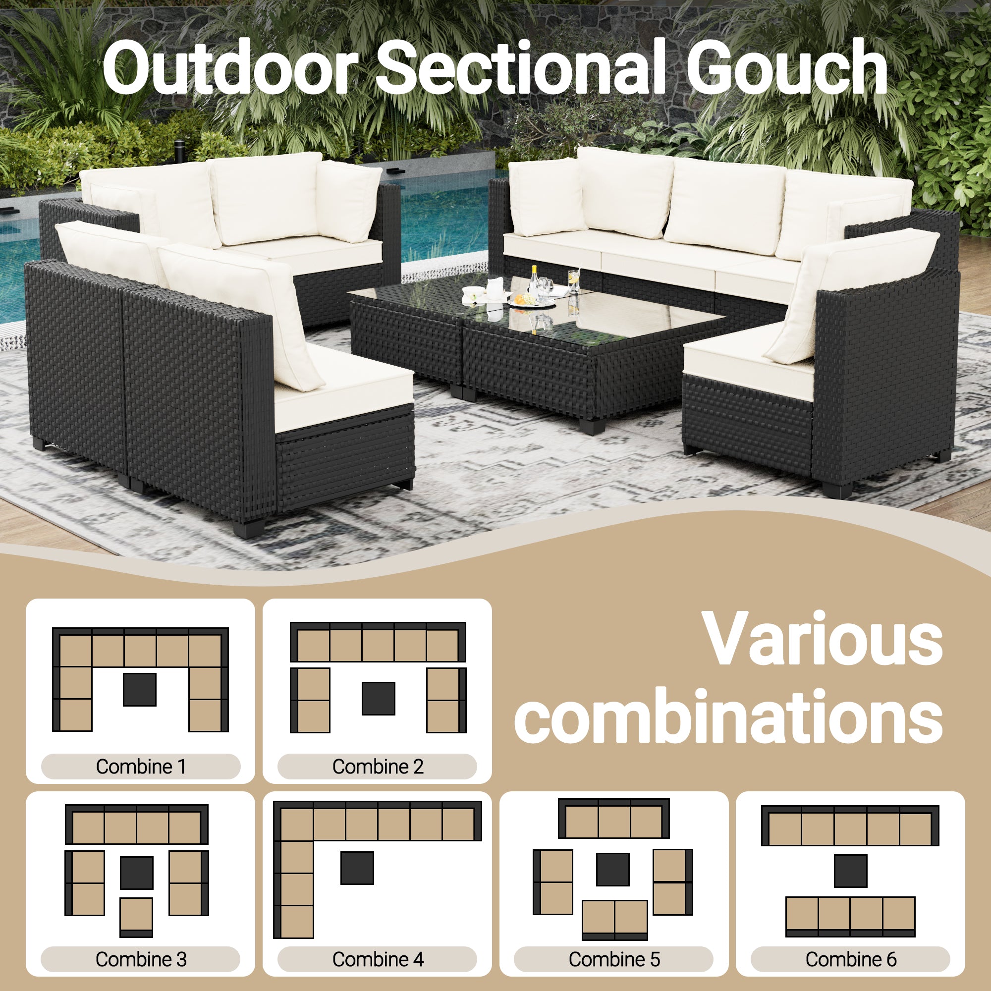 Ark Design 10-Piece Rattan Wicker Outdoor Patio Conversation SofaSeating Set with Coffee Table, Beige Cushions with Sofa Protection Cover Option