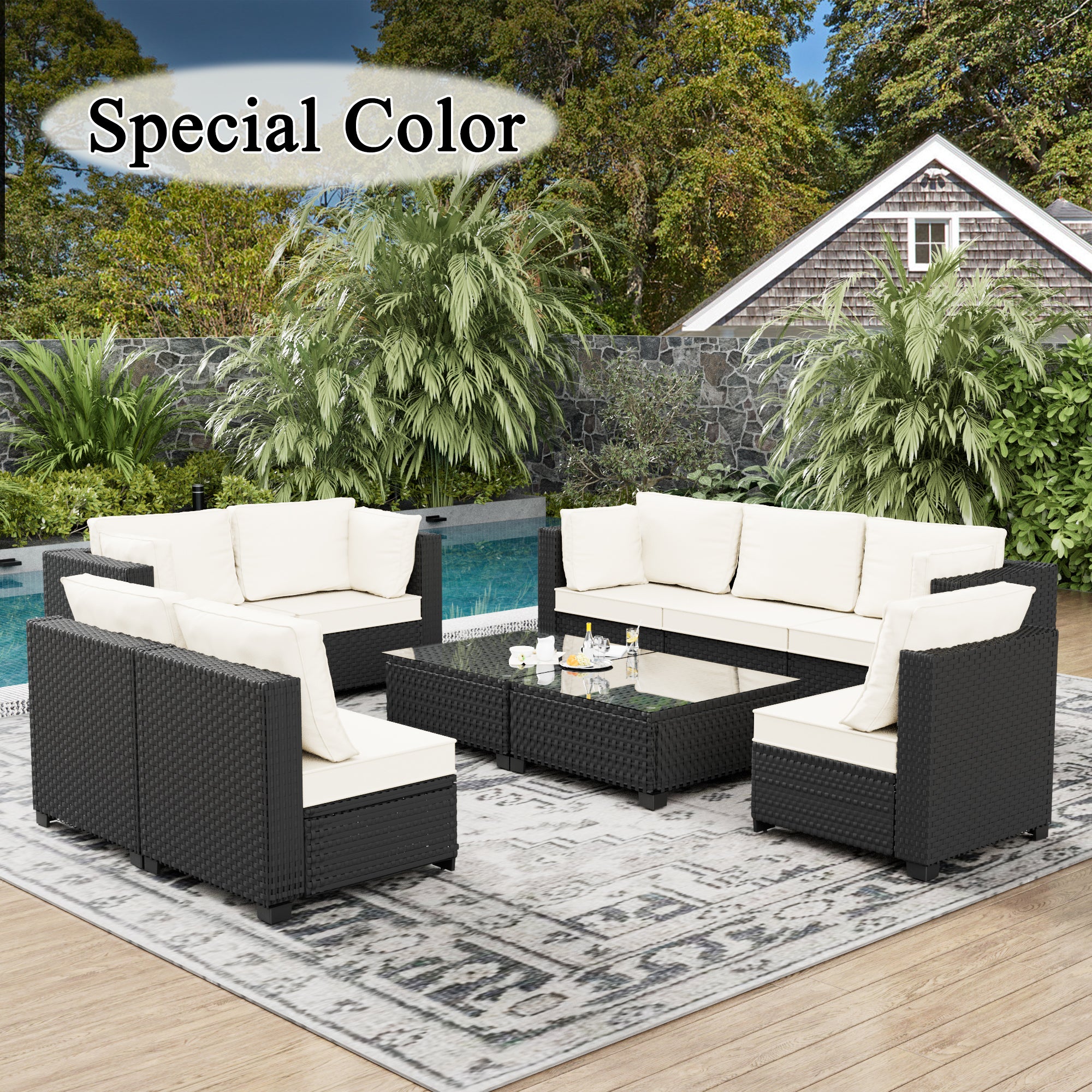 Ark Design 10-Piece Rattan Wicker Outdoor Patio Conversation SofaSeating Set with Coffee Table, Beige Cushions with Sofa Protection Cover Option