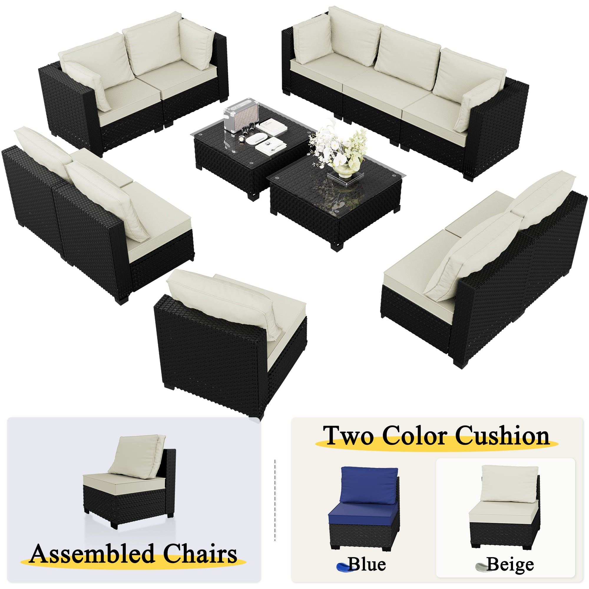 Ark Design 12-Piece Rattan Wicker Outdoor Patio Conversation SofaSeating Set with Coffee Table, Beige Cushions with Sofa Protection Cover Option