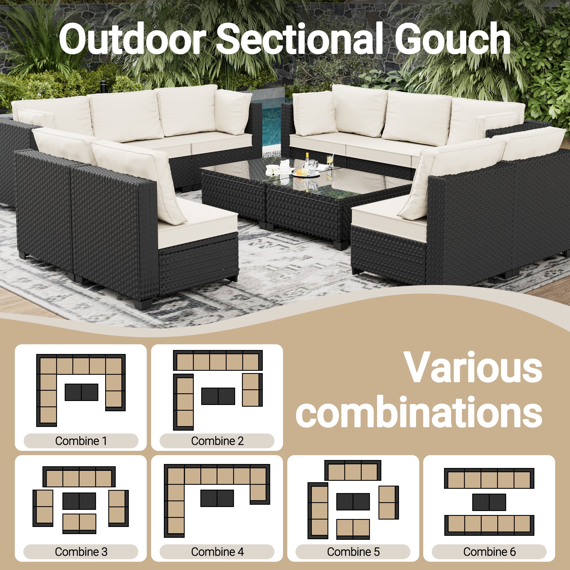 Ark Design 12-Piece Rattan Wicker Outdoor Patio Conversation SofaSeating Set with Coffee Table, Beige Cushions with Sofa Protection Cover Option