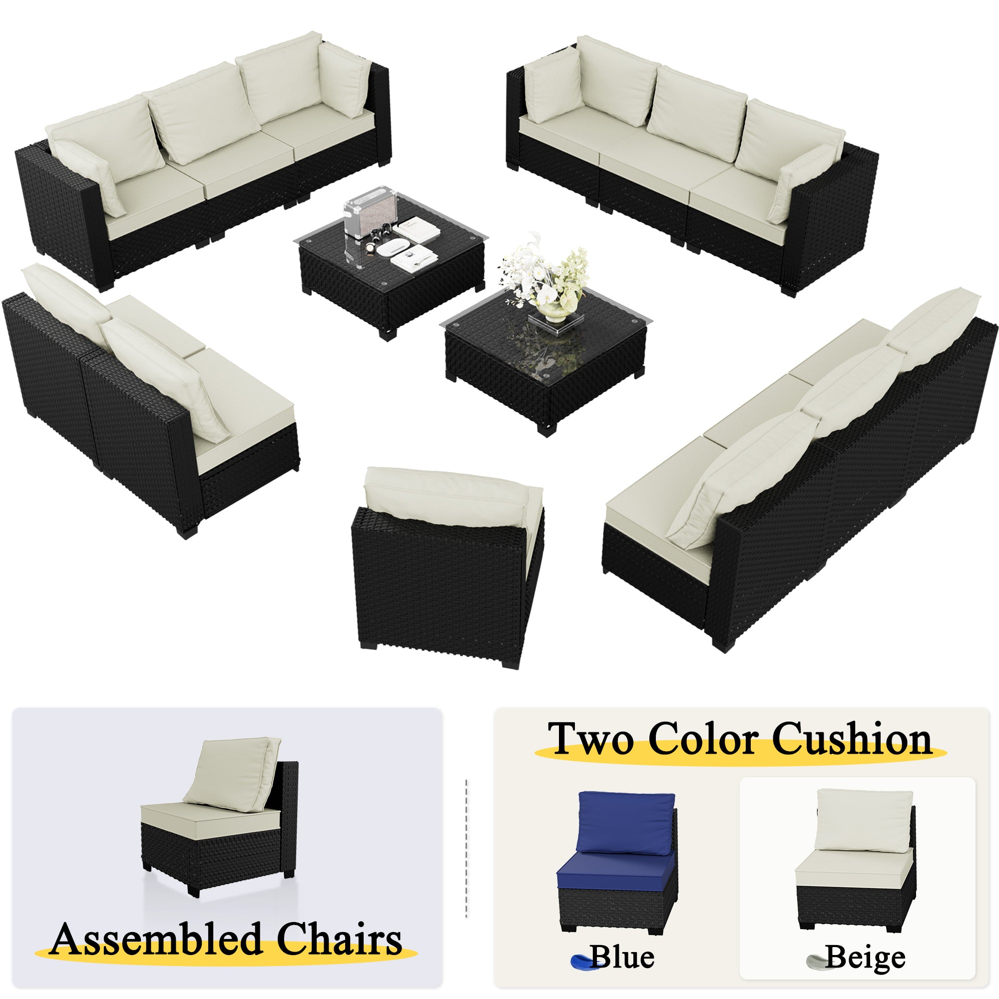 Ark Design 14-Piece Rattan Wicker Outdoor Patio Conversation SofaSeating Set with Coffee Table, Beige Cushions with Sofa Protection Cover Option