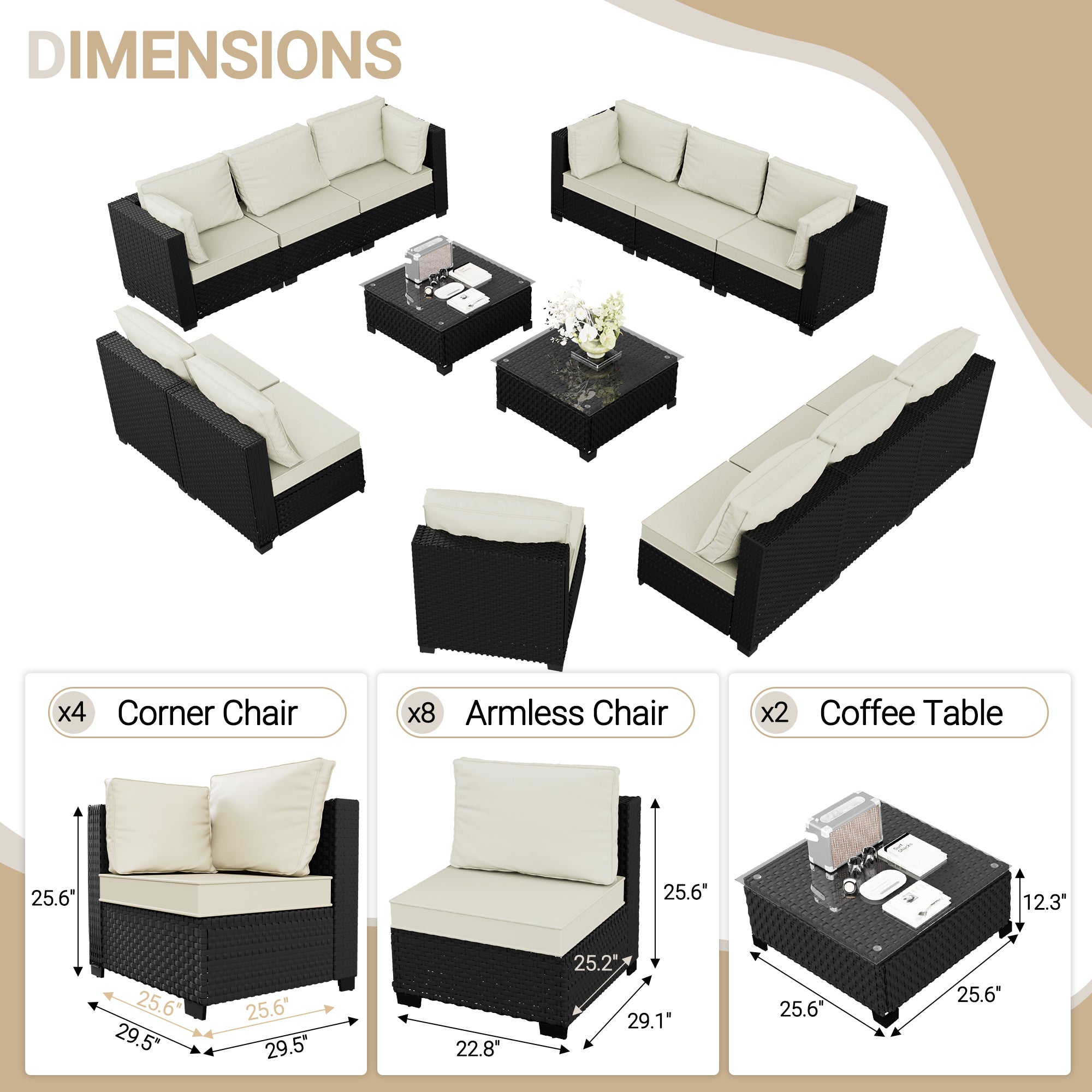 Ark Design 14-Piece Rattan Wicker Outdoor Patio Conversation SofaSeating Set with Coffee Table, Beige Cushions with Sofa Protection Cover Option