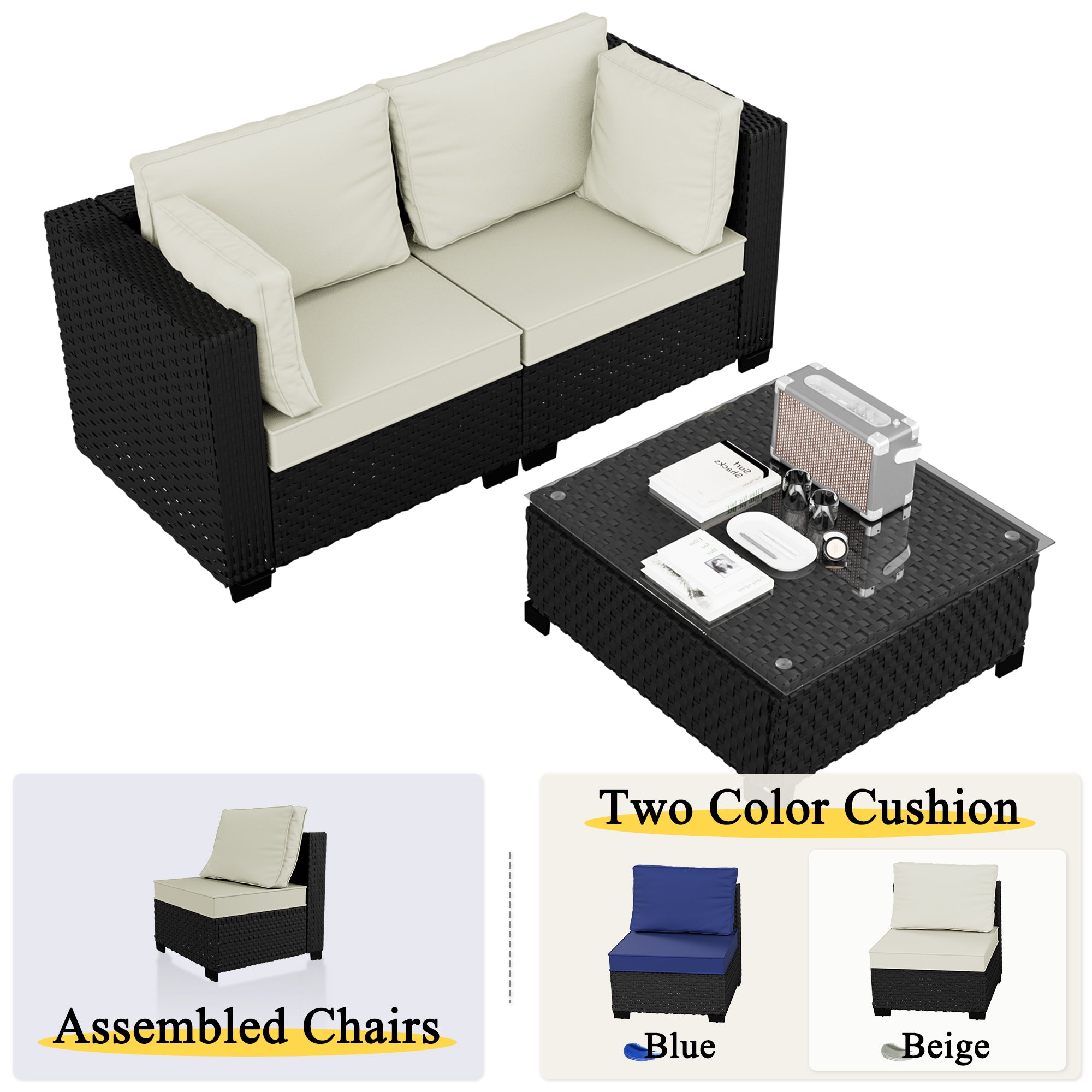 Ark Design 3-Piece Rattan Wicker Outdoor Patio Conversation SofaSeating Set with Coffee Table, Beige Cushions with Sofa Protection Cover Option