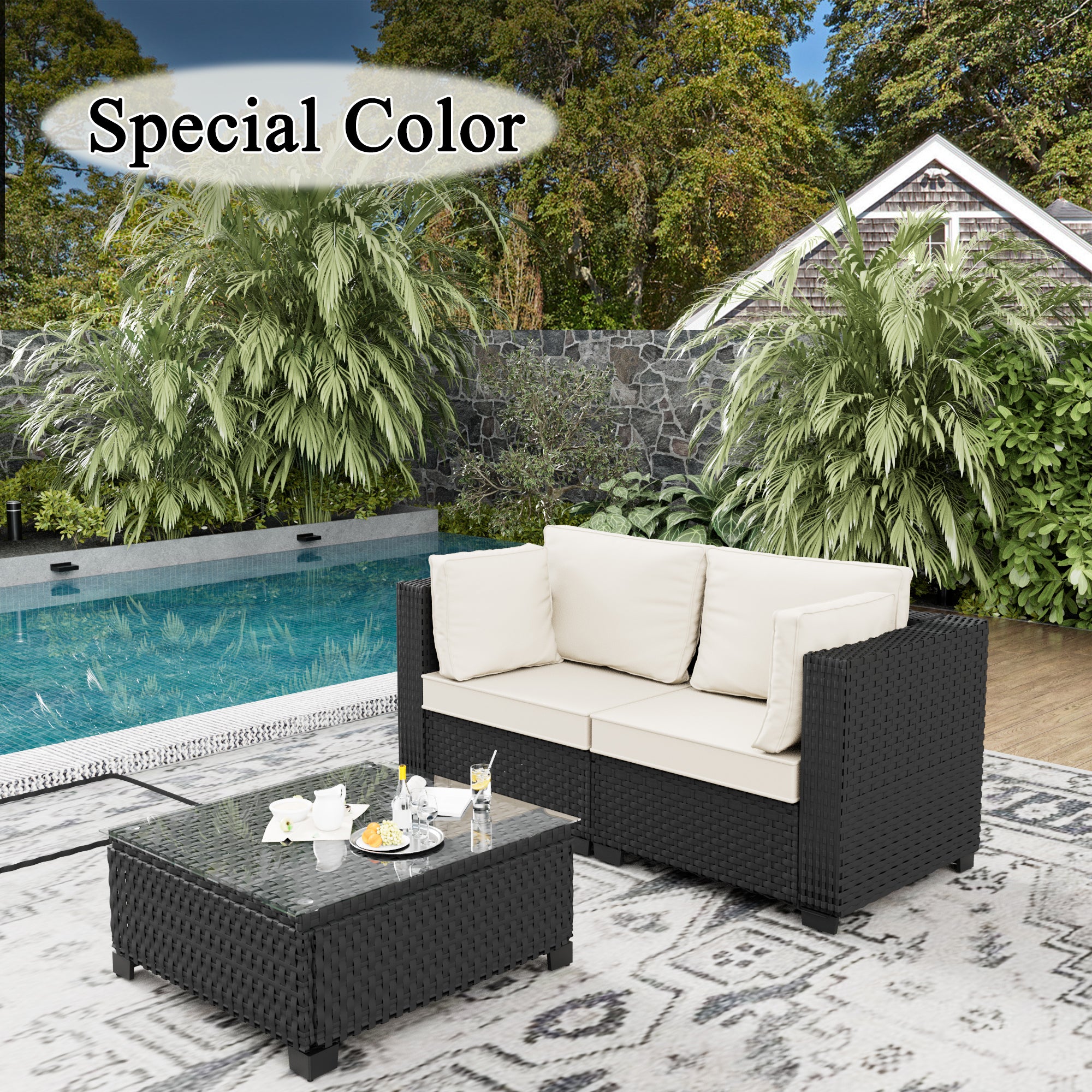 Ark Design 3-Piece Rattan Wicker Outdoor Patio Conversation SofaSeating Set with Coffee Table, Beige Cushions with Sofa Protection Cover Option