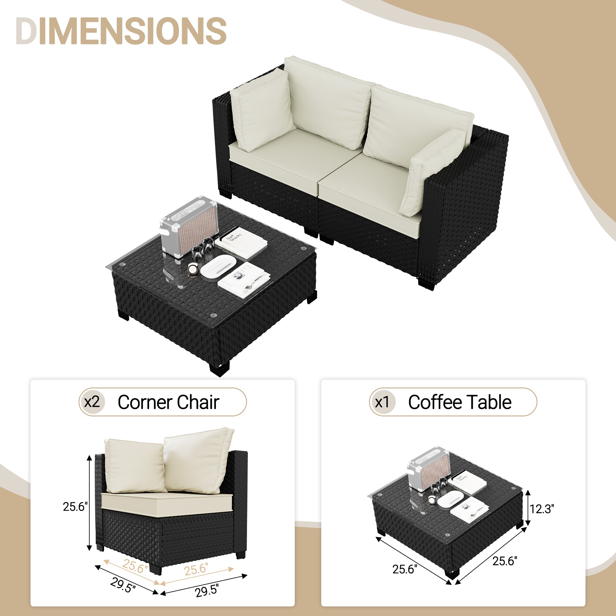 Ark Design 3-Piece Rattan Wicker Outdoor Patio Conversation SofaSeating Set with Coffee Table, Beige Cushions with Sofa Protection Cover Option