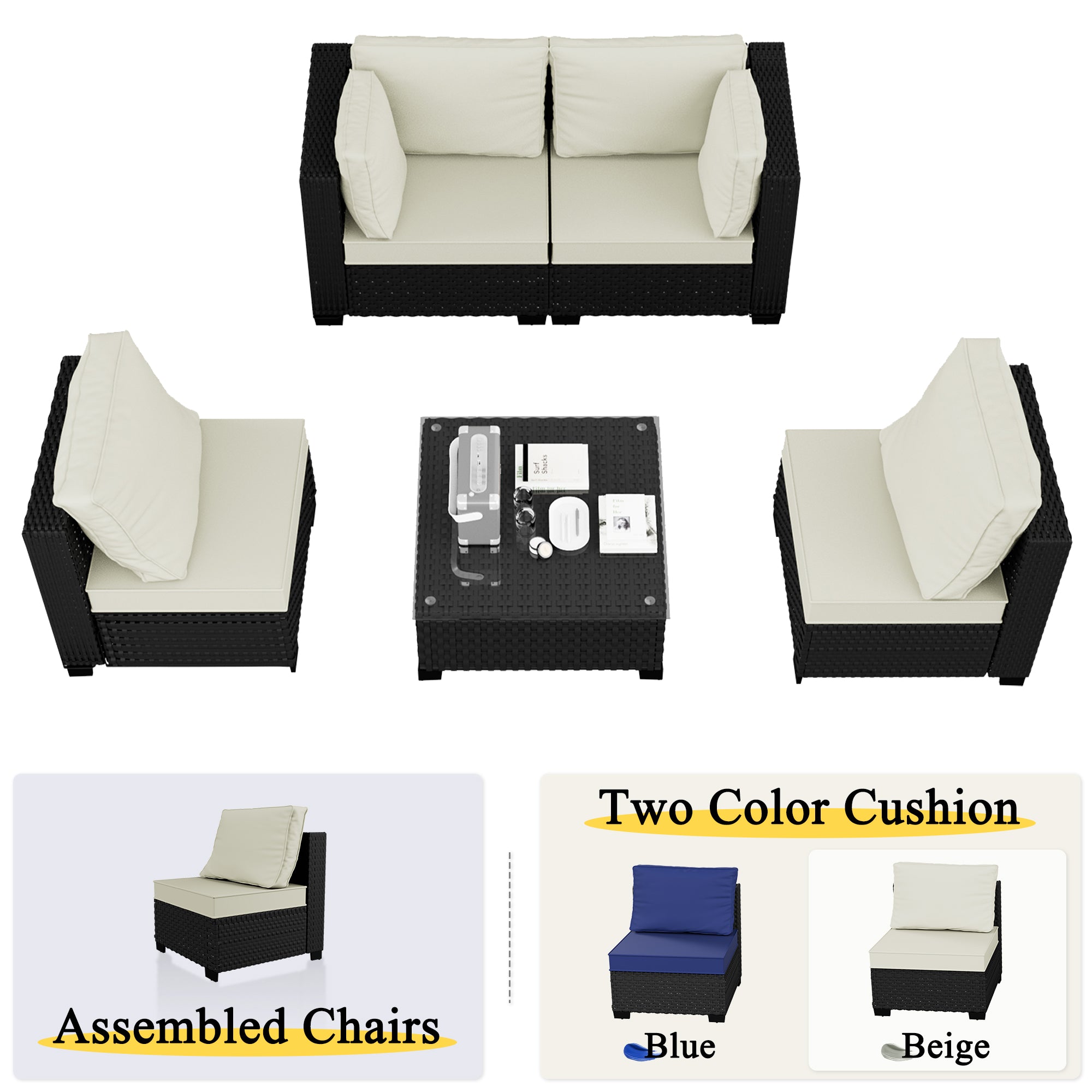 Ark Design 5-Piece Rattan Wicker Outdoor Patio Conversation SofaSeating Set with Coffee Table, Beige Cushions with Sofa Protection Cover Option