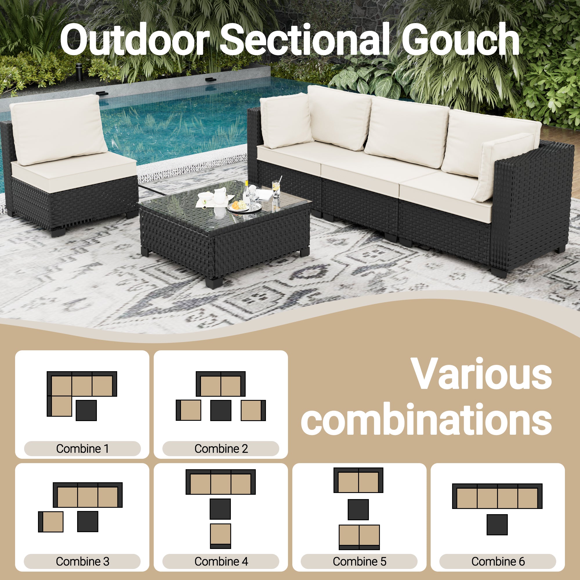 Ark Design 5-Piece Rattan Wicker Outdoor Patio Conversation SofaSeating Set with Coffee Table, Beige Cushions with Sofa Protection Cover Option