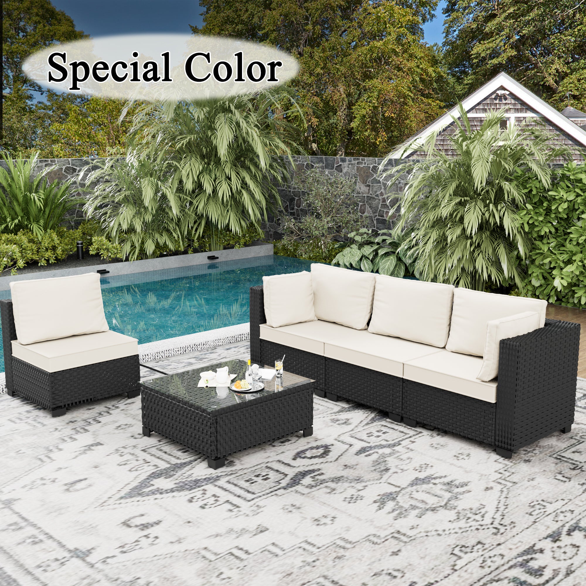 Ark Design 5-Piece Rattan Wicker Outdoor Patio Conversation SofaSeating Set with Coffee Table, Beige Cushions with Sofa Protection Cover Option