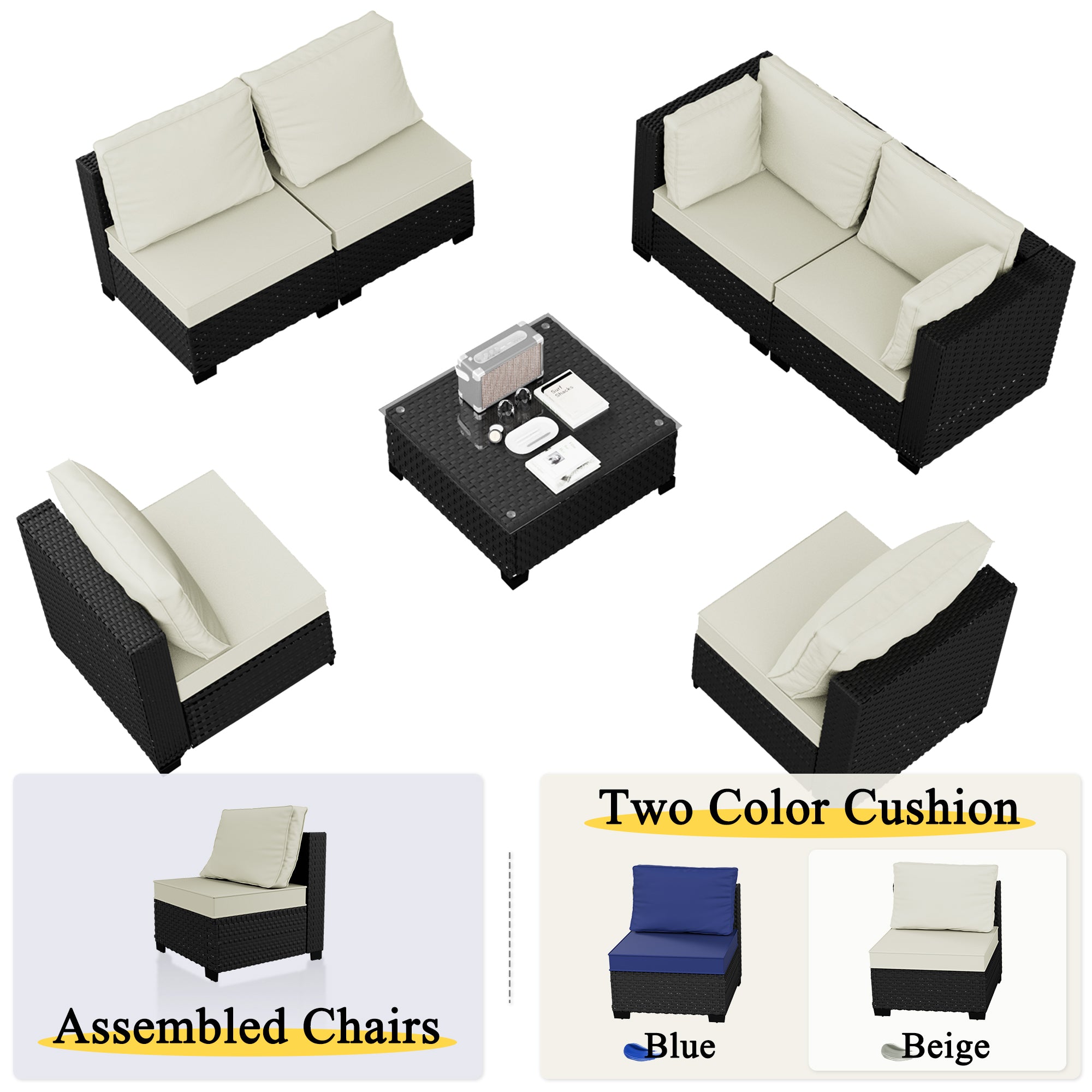 Ark Design 7-Piece Rattan Wicker Outdoor Patio Conversation SofaSeating Set with Coffee Table, Beige Cushions with Sofa Protection Cover Option