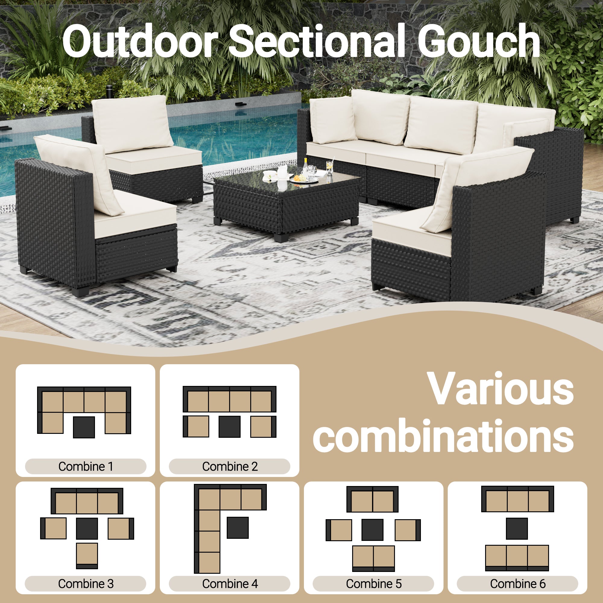 Ark Design 7-Piece Rattan Wicker Outdoor Patio Conversation SofaSeating Set with Coffee Table, Beige Cushions with Sofa Protection Cover Option