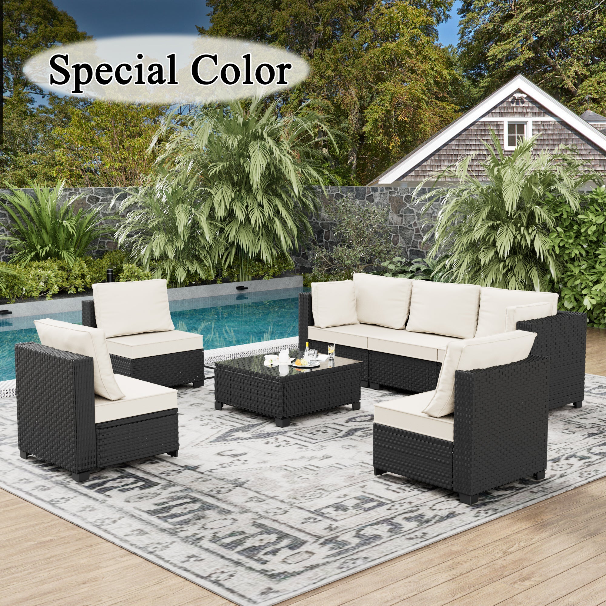 Ark Design 7-Piece Rattan Wicker Outdoor Patio Conversation SofaSeating Set with Coffee Table, Beige Cushions with Sofa Protection Cover Option