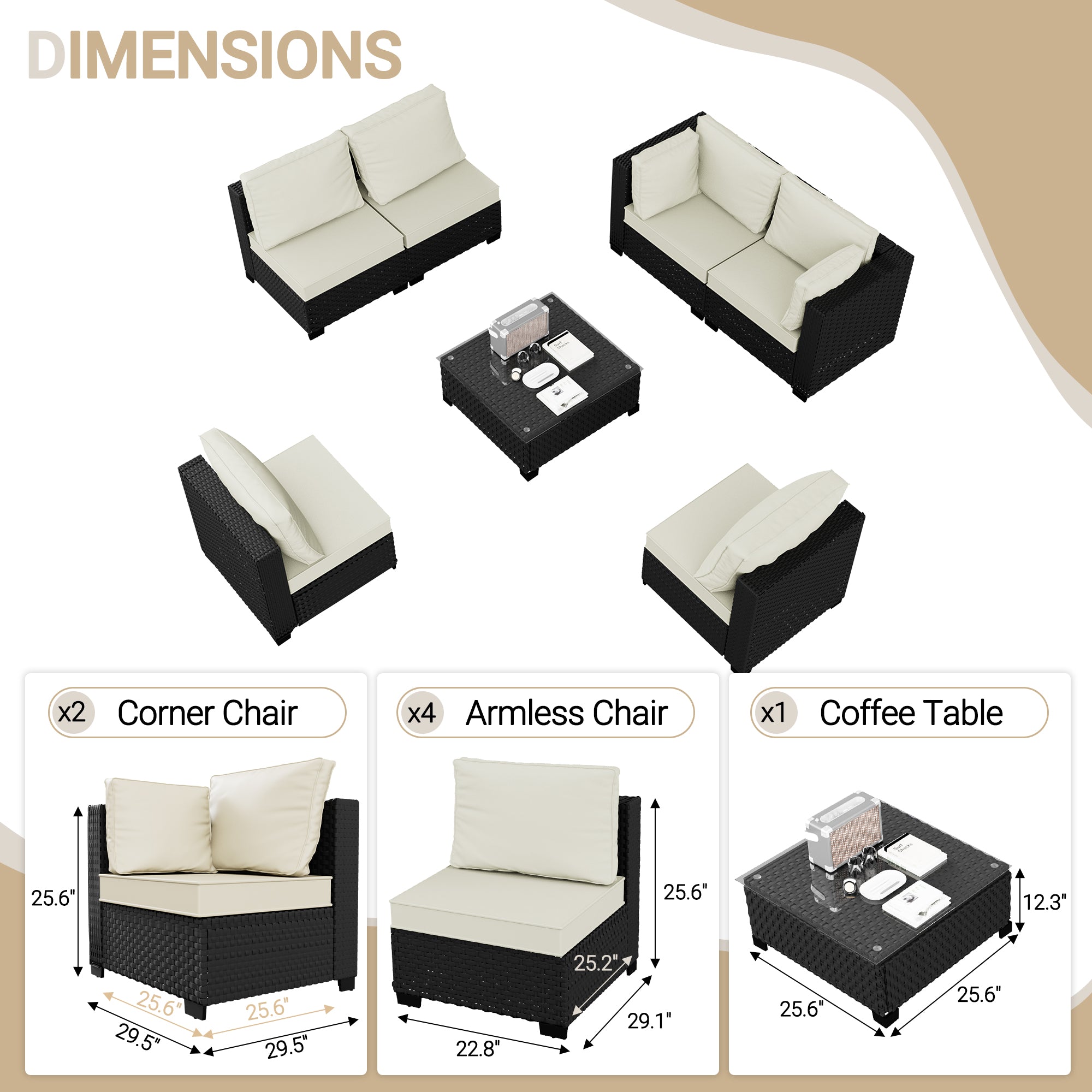 Ark Design 7-Piece Rattan Wicker Outdoor Patio Conversation SofaSeating Set with Coffee Table, Beige Cushions with Sofa Protection Cover Option