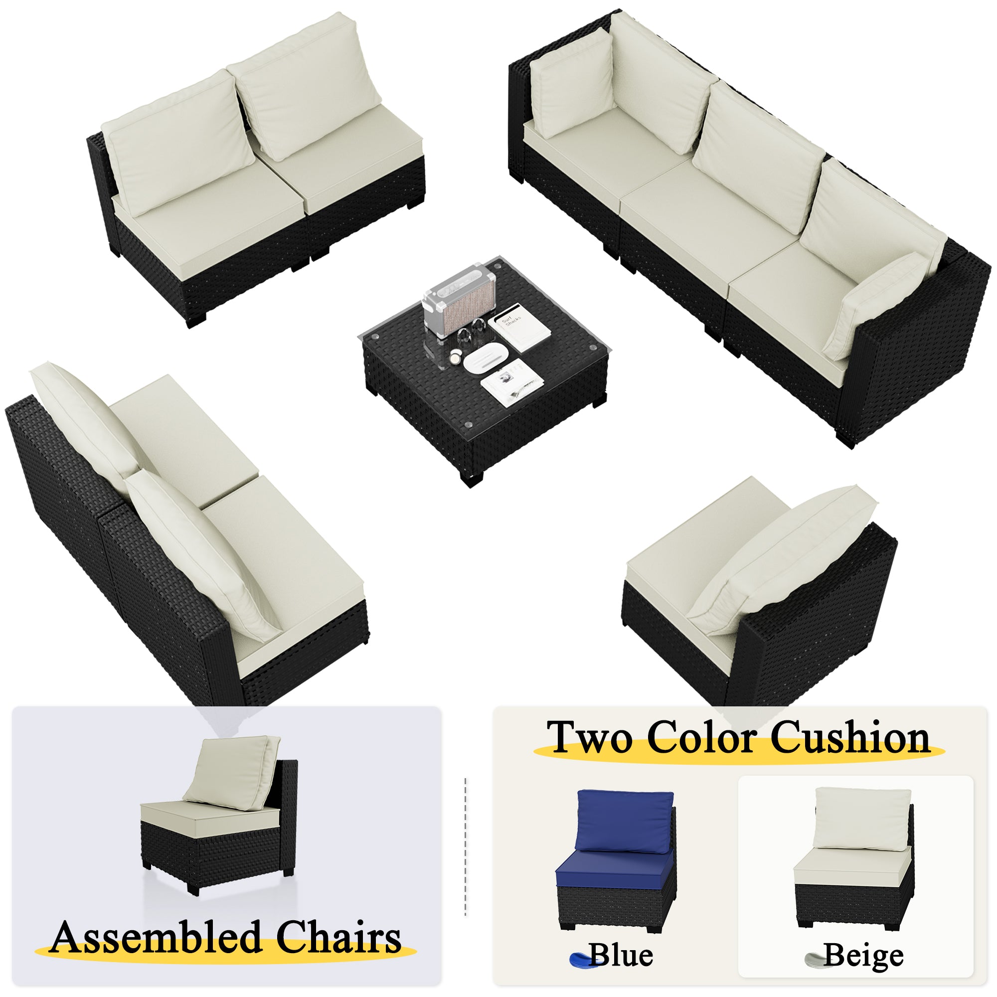 Ark Design 9-Piece Rattan Wicker Outdoor Patio Conversation SofaSeating Set with Coffee Table, Beige Cushions with Sofa Protection Cover Option