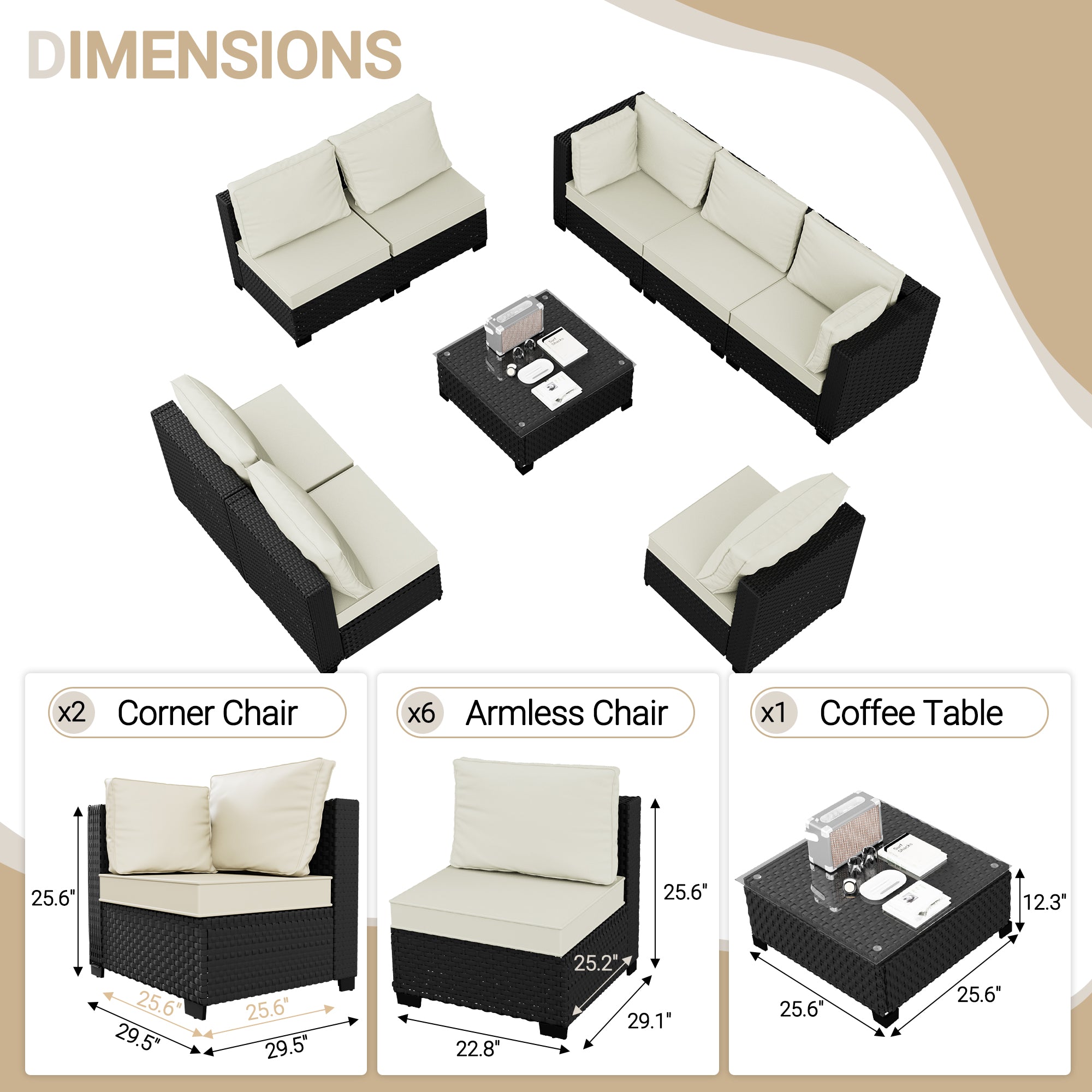 Ark Design 9-Piece Rattan Wicker Outdoor Patio Conversation SofaSeating Set with Coffee Table, Beige Cushions with Sofa Protection Cover Option