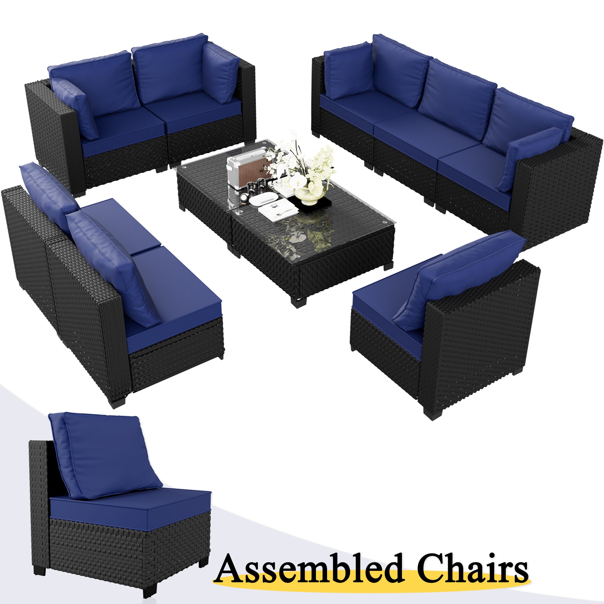 Ark Design 10-Piece Black Wicker Outdoor Patio Conversation Sectional Seating Set with Coffee Tables, Navy Blue Cushions with Sofa Protection Cover Option