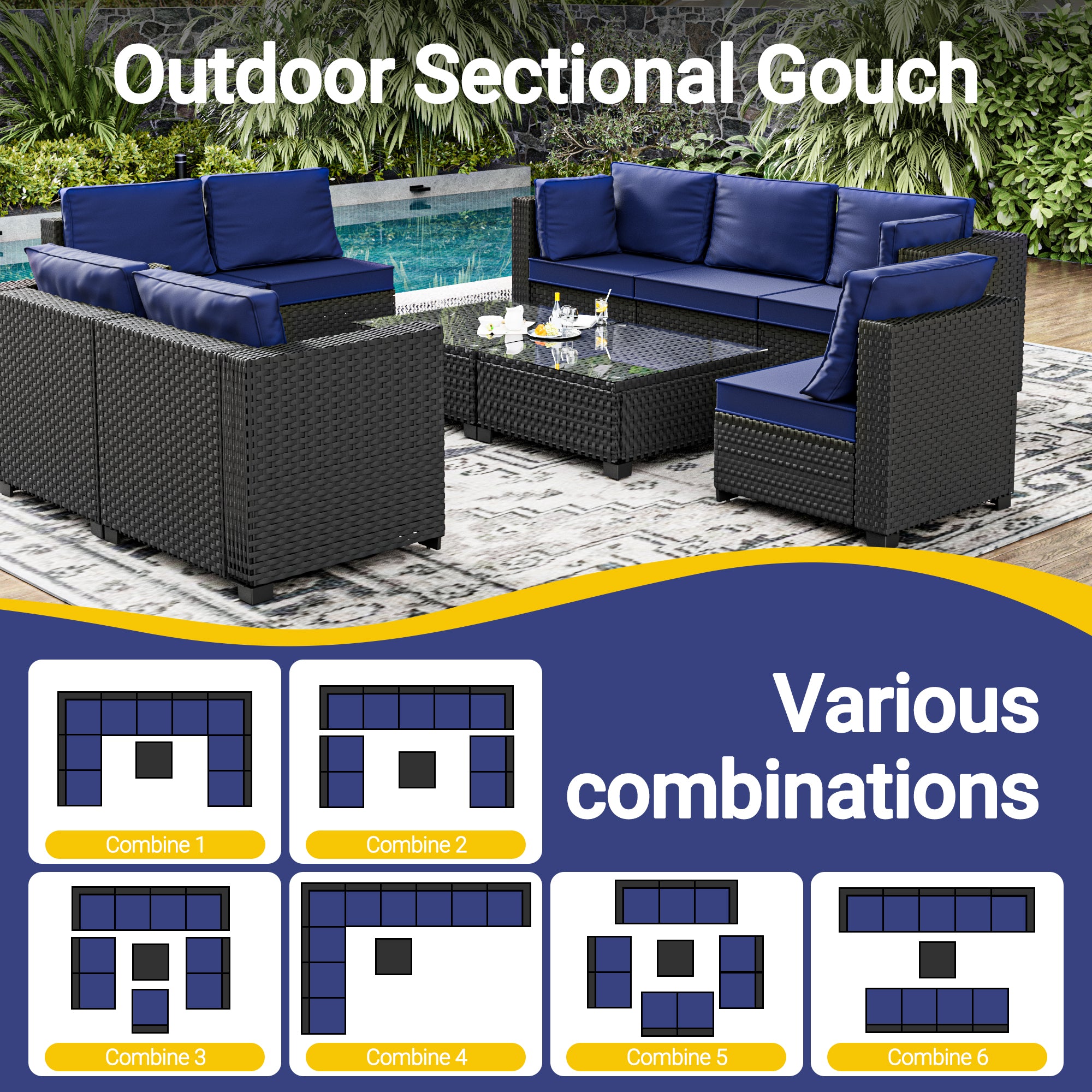 Ark Design 10-Piece Black Wicker Outdoor Patio Conversation Sectional Seating Set with Coffee Tables, Navy Blue Cushions with Sofa Protection Cover Option