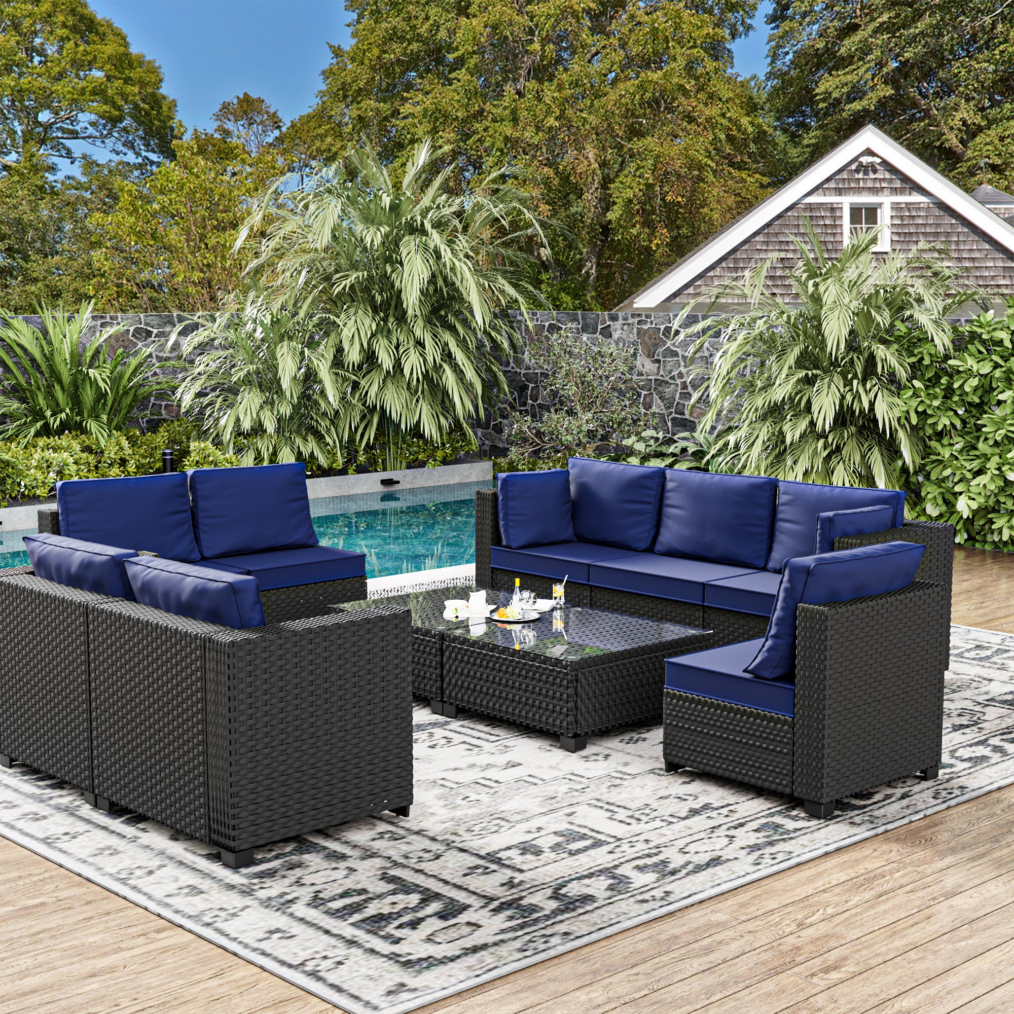 Ark Design 10-Piece Black Wicker Outdoor Patio Conversation Sectional Seating Set with Coffee Tables, Navy Blue Cushions with Sofa Protection Cover Option
