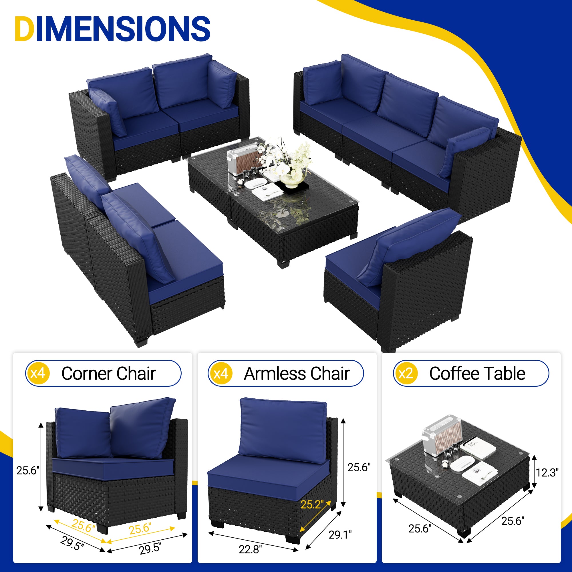 Ark Design 10-Piece Black Wicker Outdoor Patio Conversation Sectional Seating Set with Coffee Tables, Navy Blue Cushions with Sofa Protection Cover Option
