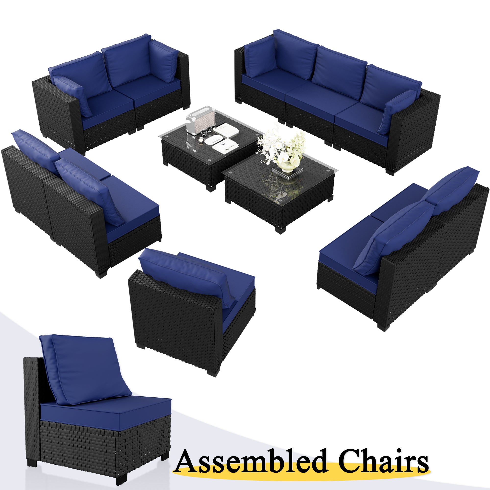 Ark Design 12-Piece Black Wicker Outdoor Patio Conversation Sectional Seating Set with Coffee Tables, Navy Blue Cushions with Sofa Protection Cover Option