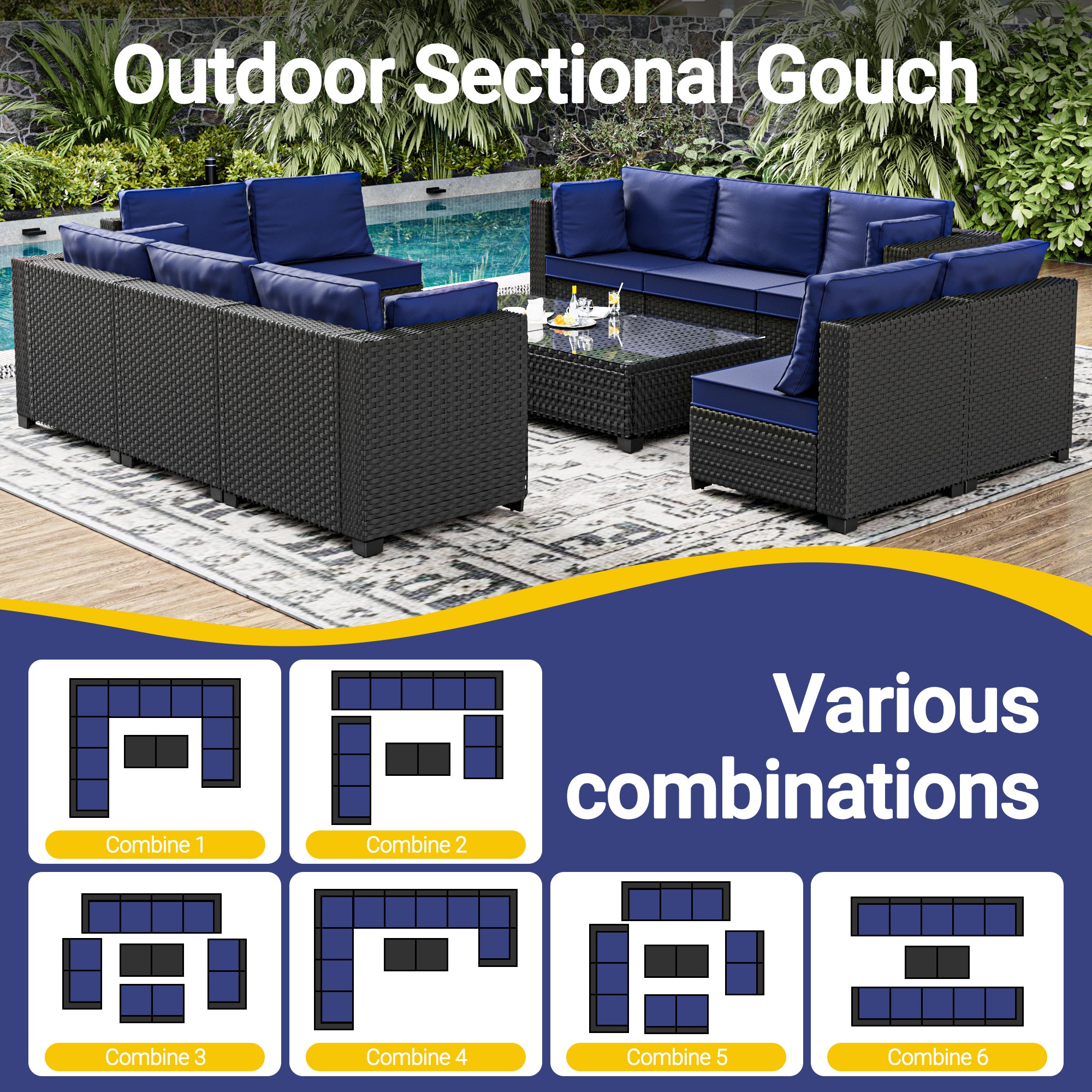 Ark Design 12-Piece Black Wicker Outdoor Patio Conversation Sectional Seating Set with Coffee Tables, Navy Blue Cushions with Sofa Protection Cover Option