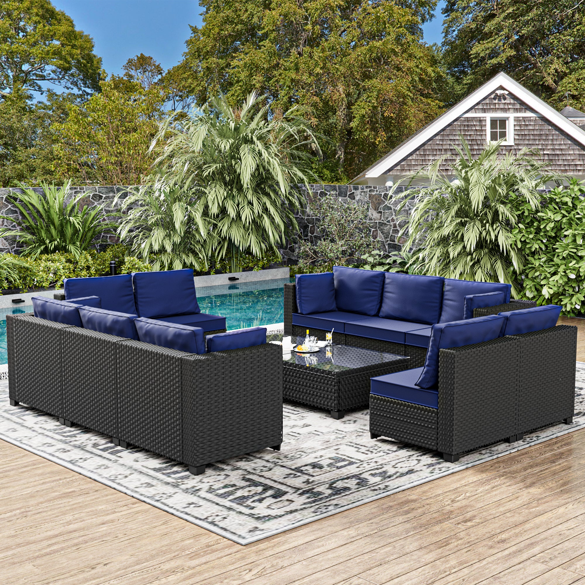 Ark Design 12-Piece Black Wicker Outdoor Patio Conversation Sectional Seating Set with Coffee Tables, Navy Blue Cushions with Sofa Protection Cover Option