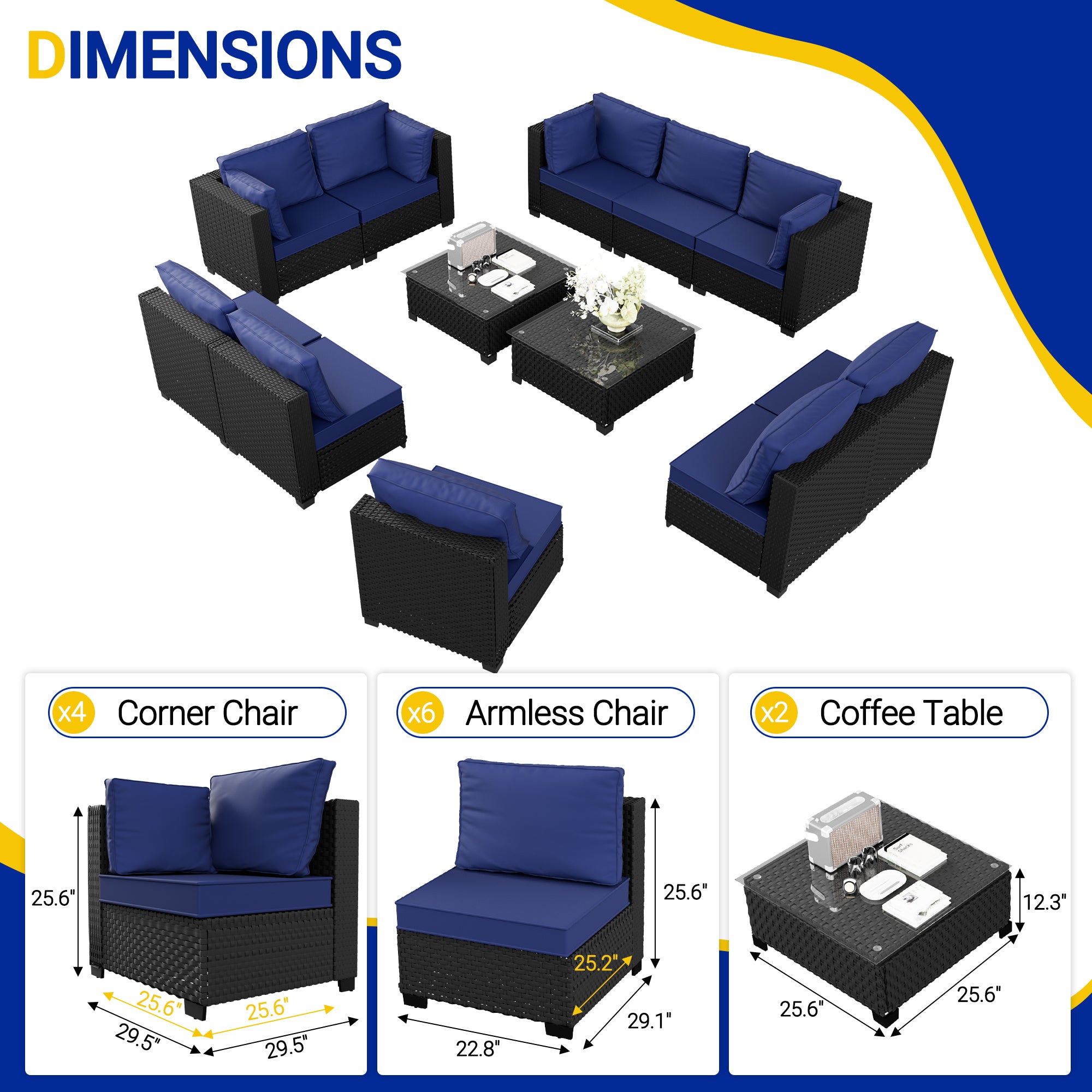 Ark Design 12-Piece Black Wicker Outdoor Patio Conversation Sectional Seating Set with Coffee Tables, Navy Blue Cushions with Sofa Protection Cover Option