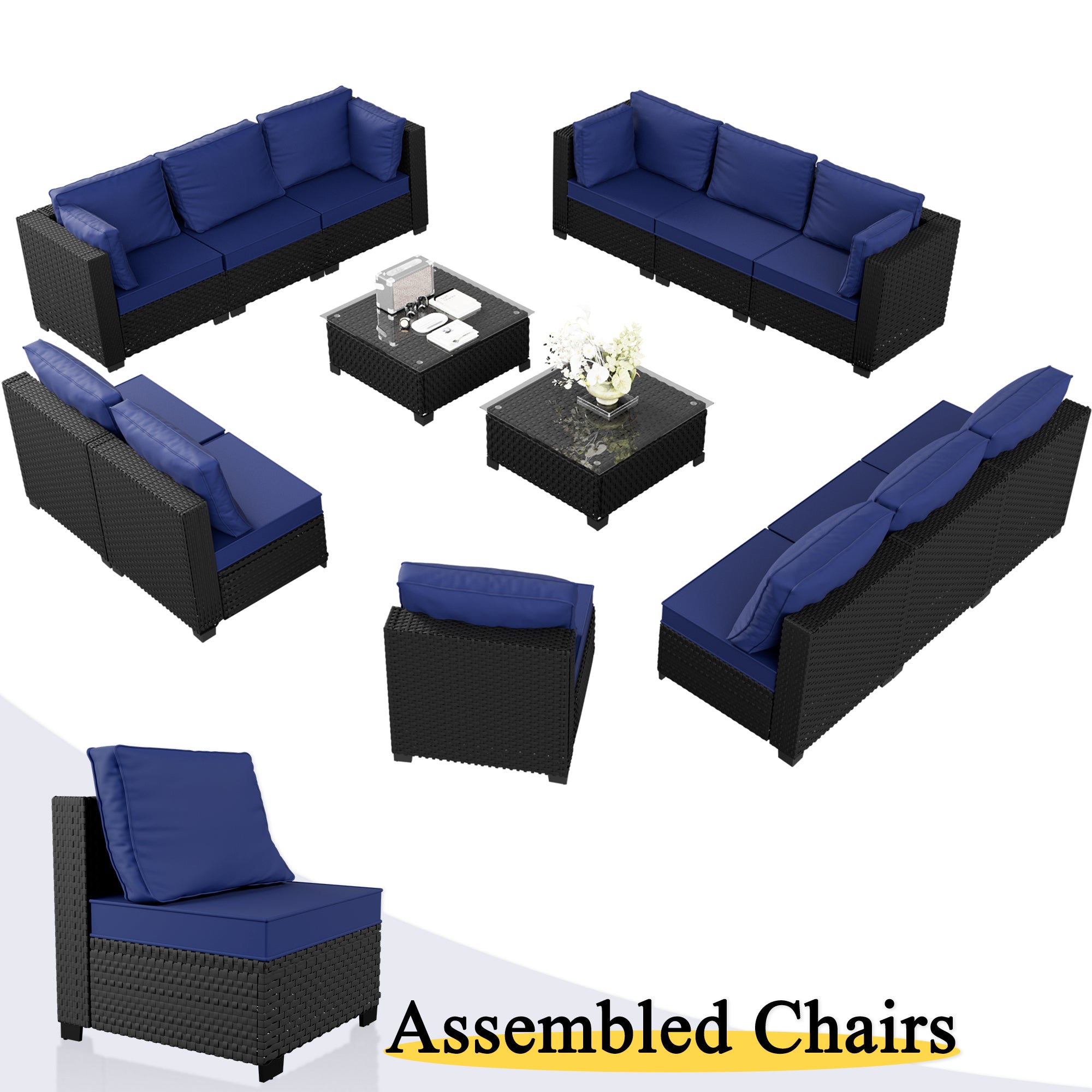 Ark Design 14-Piece Black Wicker Outdoor Patio Conversation Sectional Seating Set with Coffee Tables, Navy Blue Cushions with Sofa Protection Cover Option