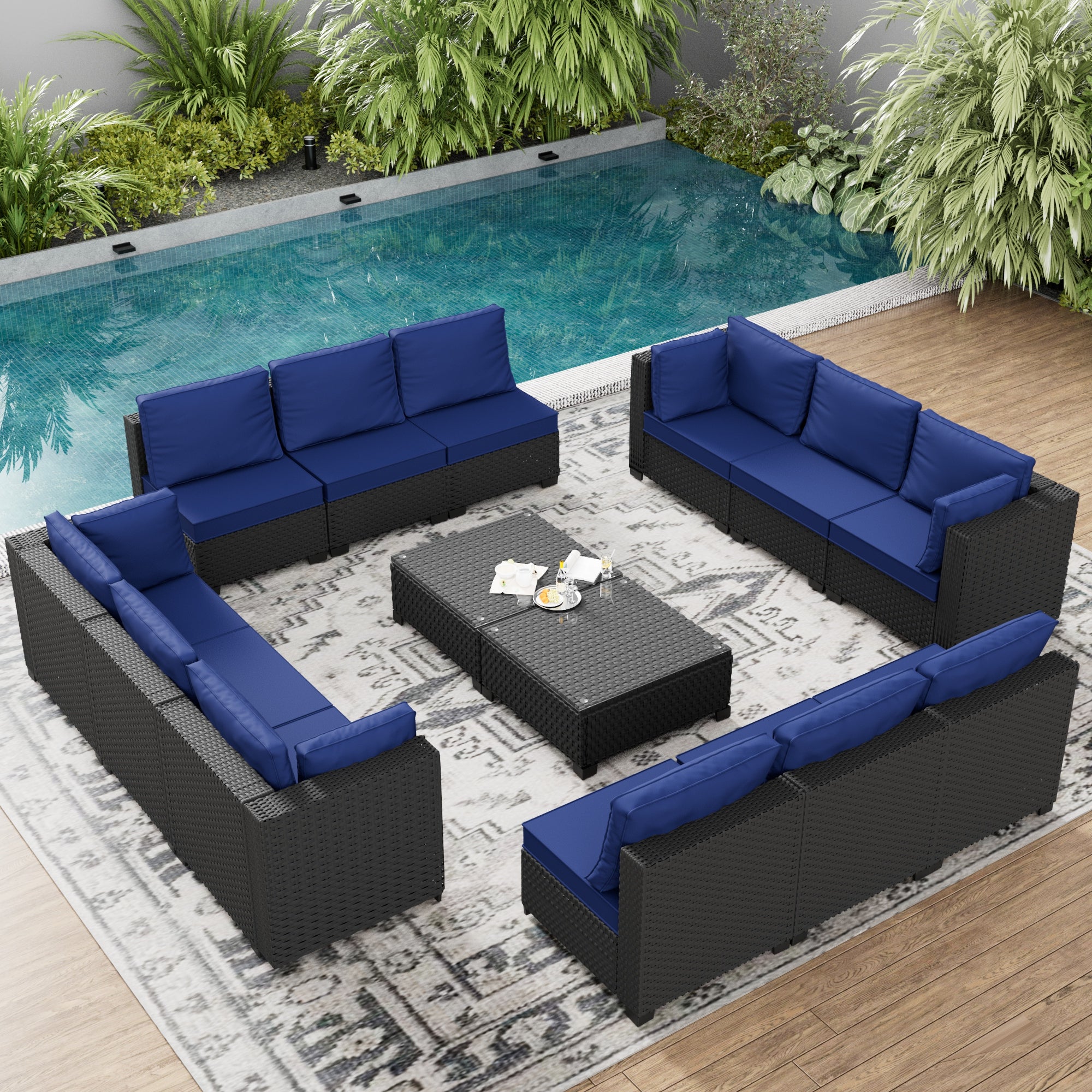 Ark Design 14-Piece Black Wicker Outdoor Patio Conversation Sectional Seating Set with Coffee Tables, Navy Blue Cushions with Sofa Protection Cover Option
