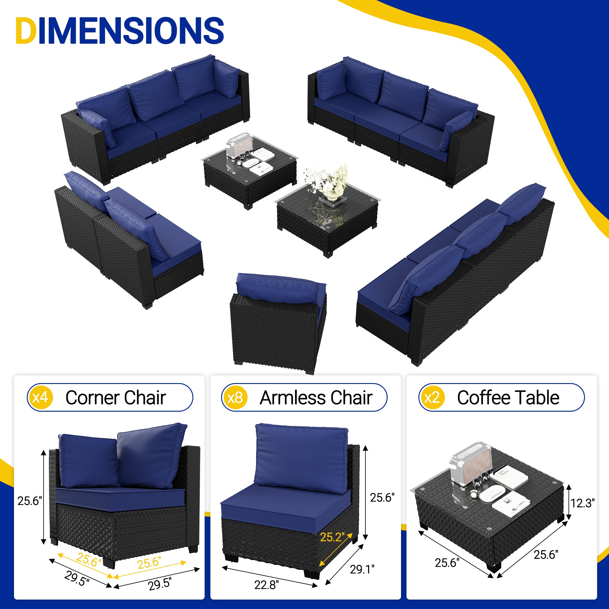 Ark Design 14-Piece Black Wicker Outdoor Patio Conversation Sectional Seating Set with Coffee Tables, Navy Blue Cushions with Sofa Protection Cover Option