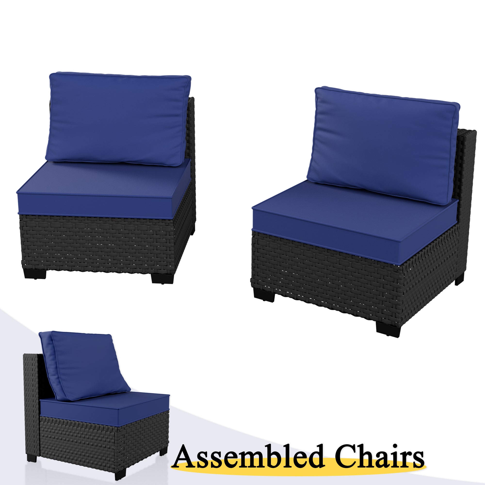Ark Design 2-Piece Black Wicker Outdoor Patio Conversation Sectional Seating Set, Navy Blue Cushions with Sofa Protection Cover Option
