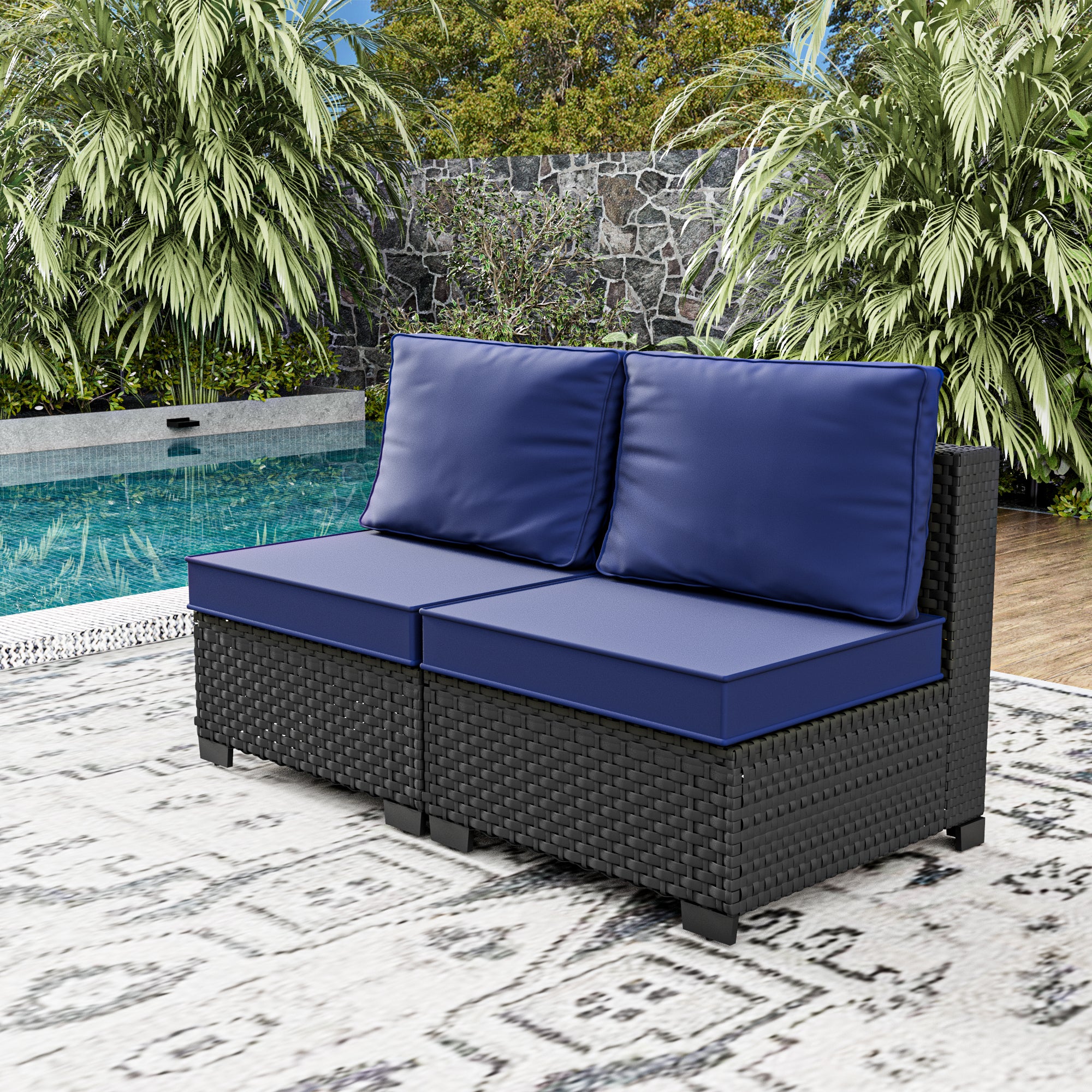Ark Design 2-Piece Black Wicker Outdoor Patio Conversation Sectional Seating Set, Navy Blue Cushions with Sofa Protection Cover Option