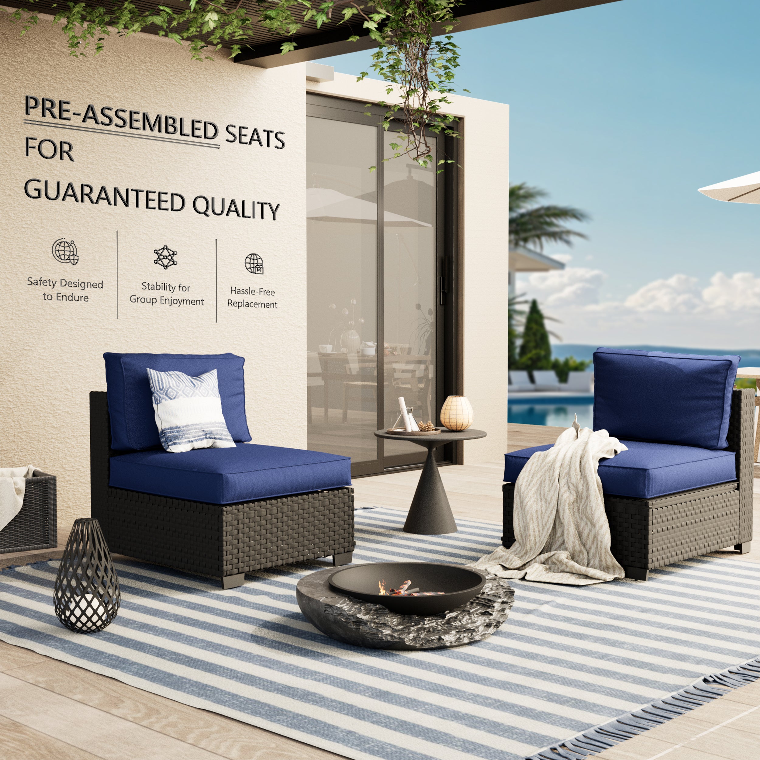 Ark Design 2-Piece Black Wicker Outdoor Patio Conversation Sectional Seating Set, Navy Blue Cushions with Sofa Protection Cover Option