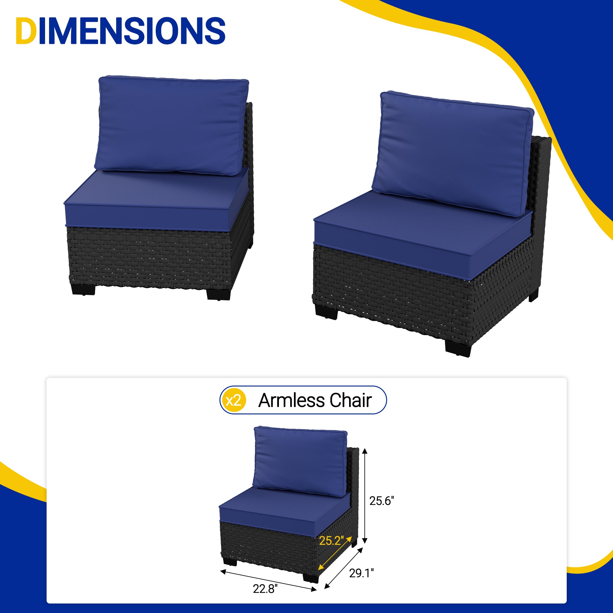 Ark Design 2-Piece Black Wicker Outdoor Patio Conversation Sectional Seating Set, Navy Blue Cushions with Sofa Protection Cover Option