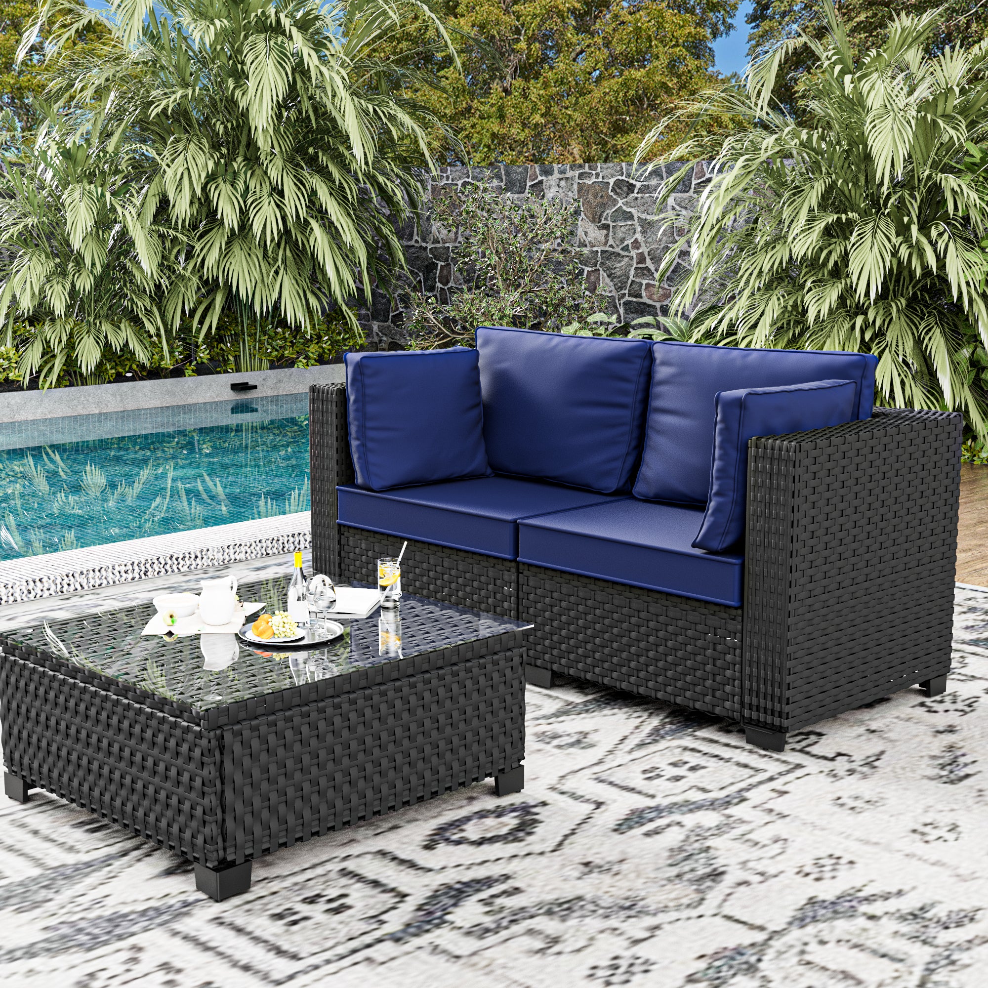 Ark Design 3-Piece Black Wicker Outdoor Patio Conversation Sectional Seating Set with Coffee Tables, Navy Blue Cushions with Sofa Protection Cover Option