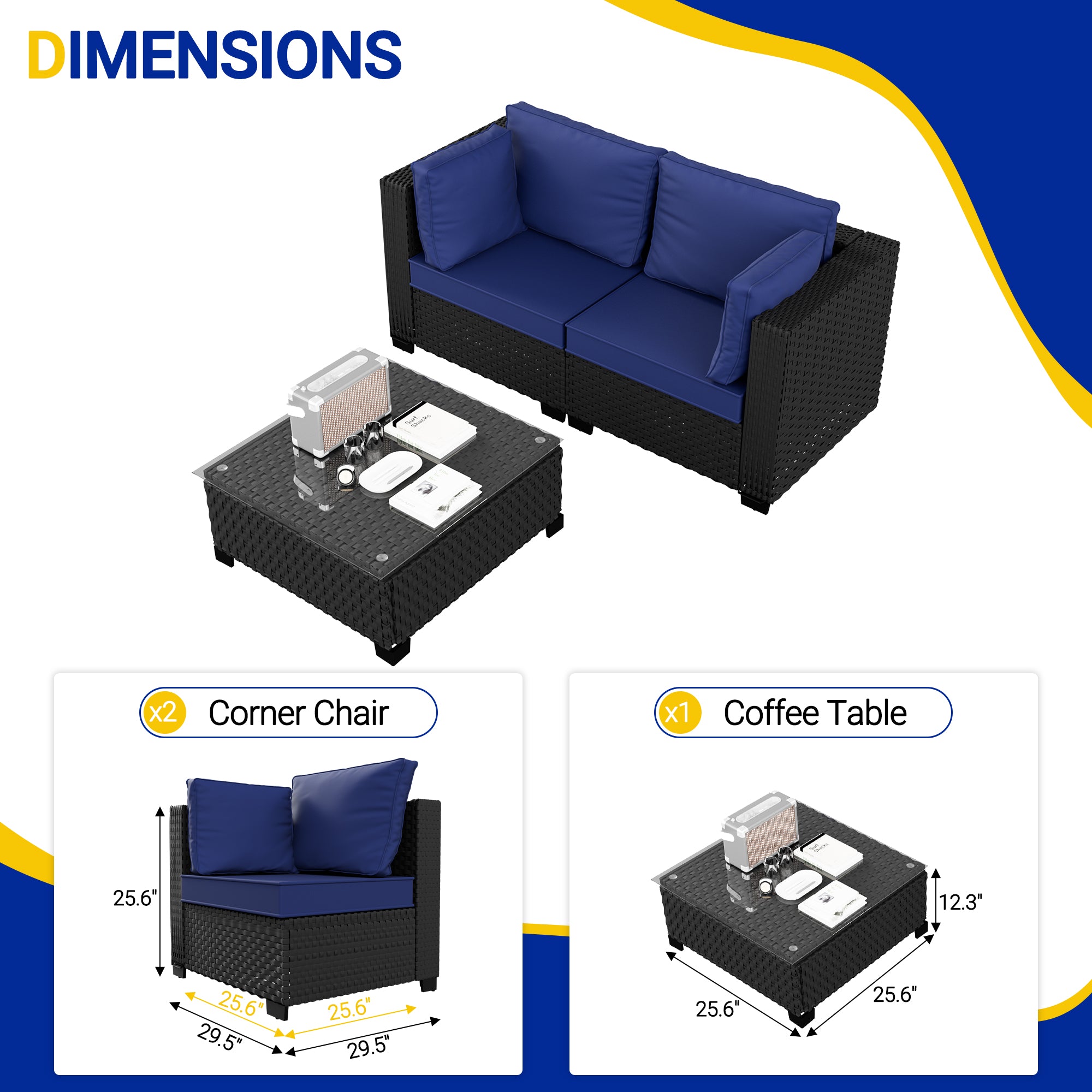 Ark Design 3-Piece Black Wicker Outdoor Patio Conversation Sectional Seating Set with Coffee Tables, Navy Blue Cushions with Sofa Protection Cover Option