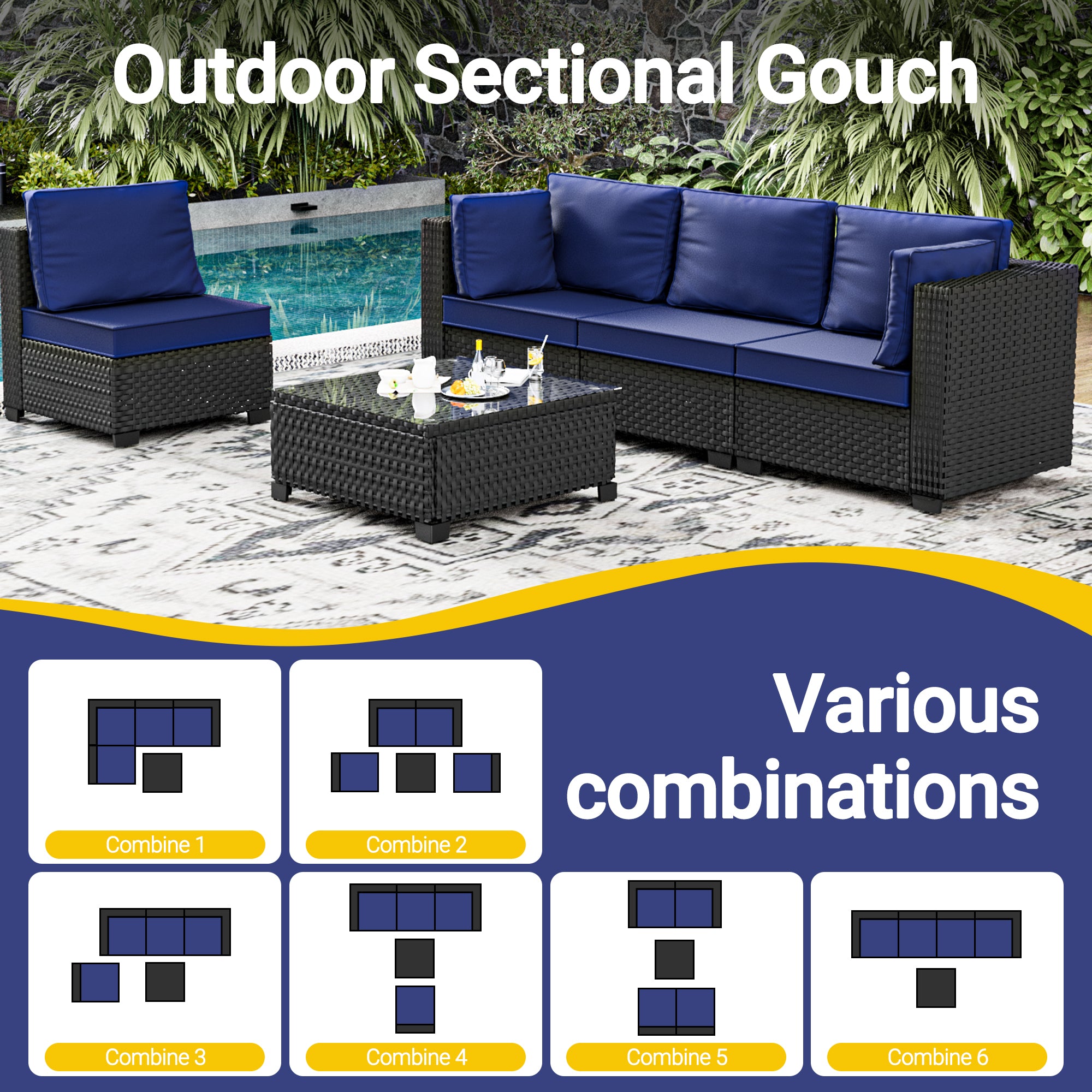 Ark Design 5-Piece Black Wicker Outdoor Patio Conversation Sectional Seating Set with Coffee Tables, Navy Blue Cushions with Sofa Protection Cover Option