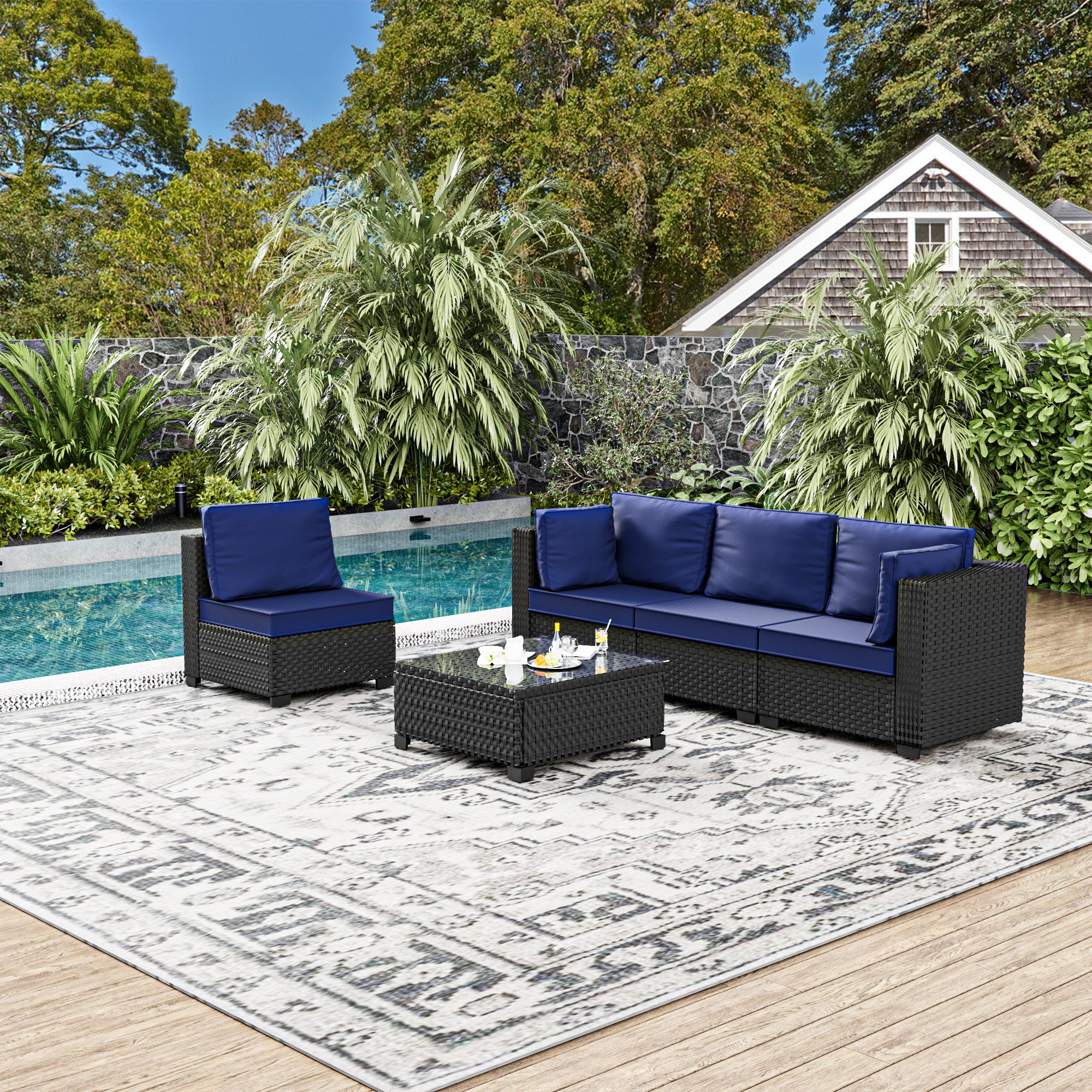 Ark Design 5-Piece Black Wicker Outdoor Patio Conversation Sectional Seating Set with Coffee Tables, Navy Blue Cushions with Sofa Protection Cover Option