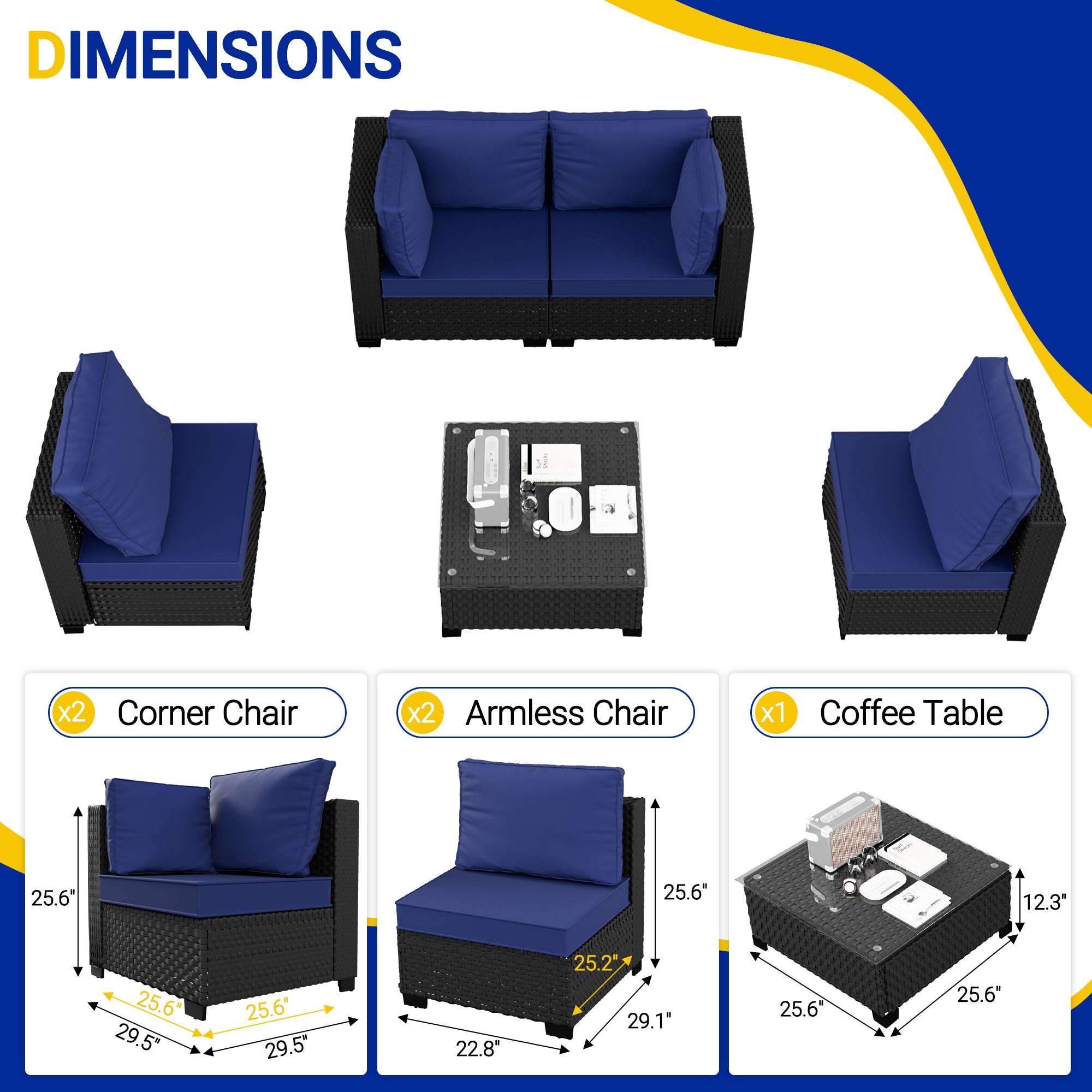 Ark Design 5-Piece Black Wicker Outdoor Patio Conversation Sectional Seating Set with Coffee Tables, Navy Blue Cushions with Sofa Protection Cover Option