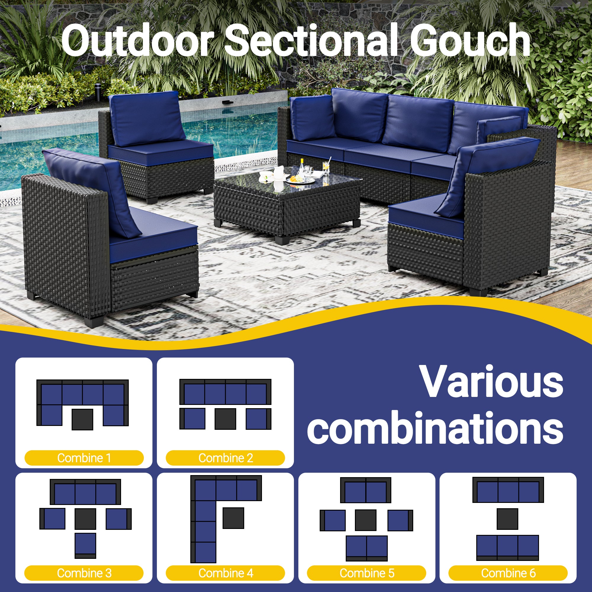 Ark Design 7-Piece Black Wicker Outdoor Patio Conversation Sectional Seating Set with Coffee Tables, Navy Blue Cushions with Sofa Protection Cover Option