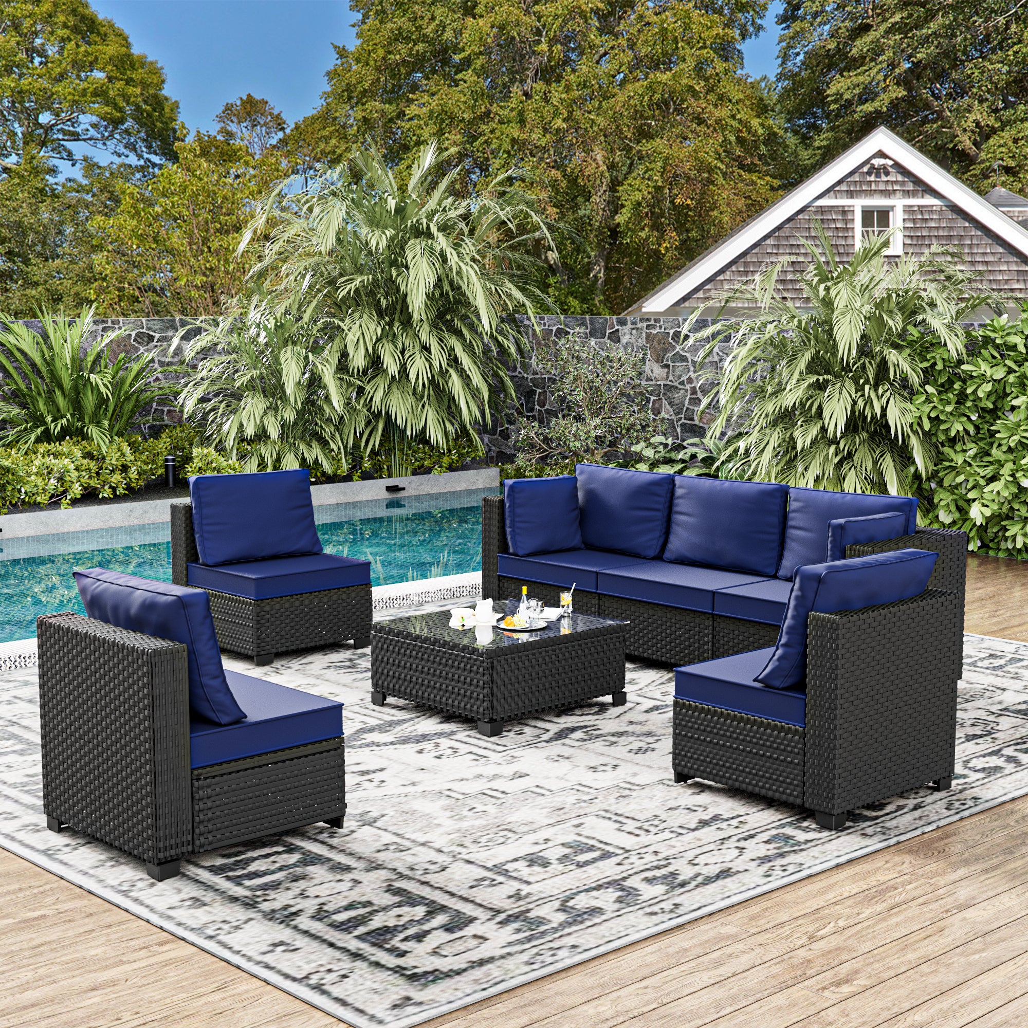 Ark Design 7-Piece Black Wicker Outdoor Patio Conversation Sectional Seating Set with Coffee Tables, Navy Blue Cushions with Sofa Protection Cover Option