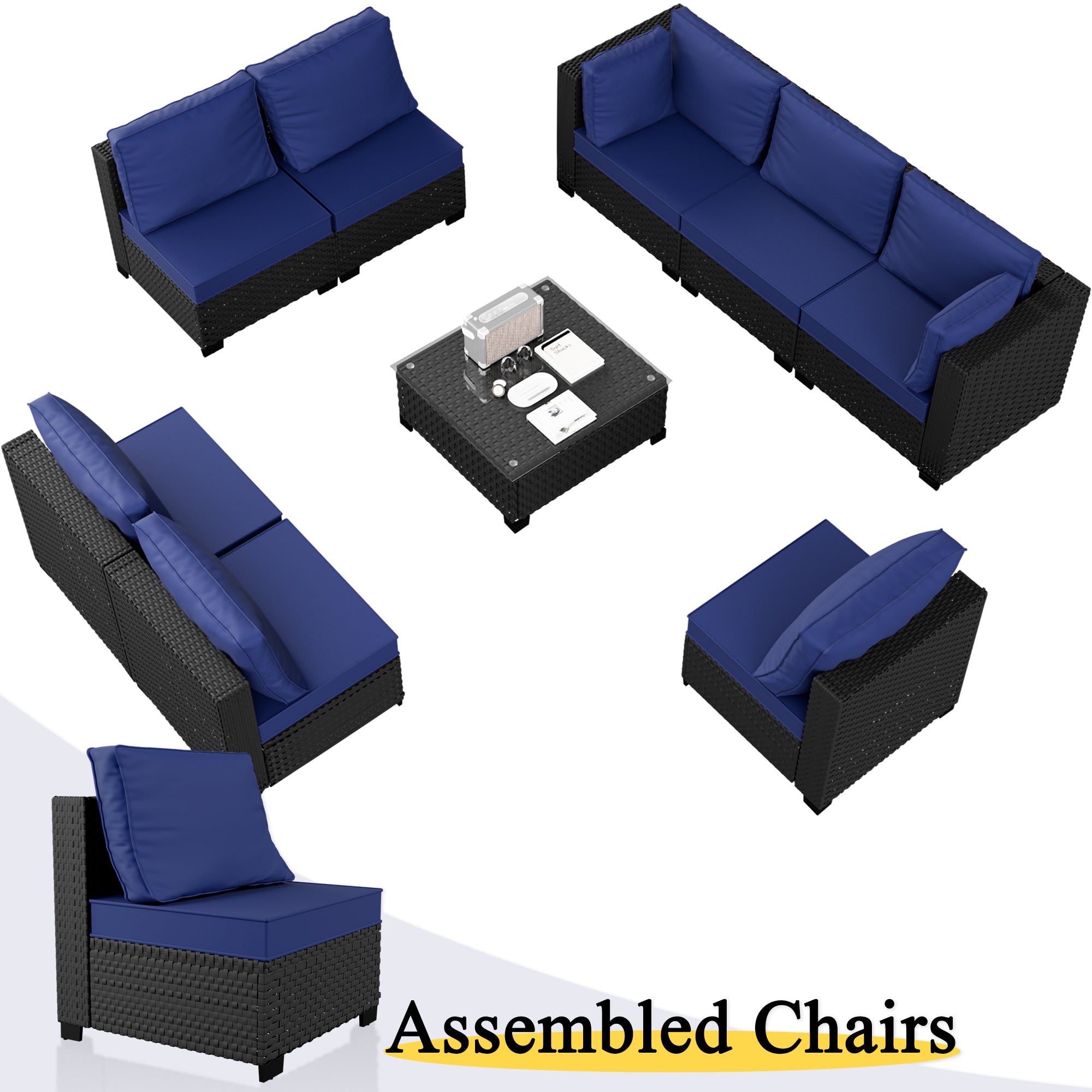 Ark Design 9-Piece Black Wicker Outdoor Patio Conversation Sectional Seating Set with Coffee Tables, Navy Blue Cushions with Sofa Protection Cover Option