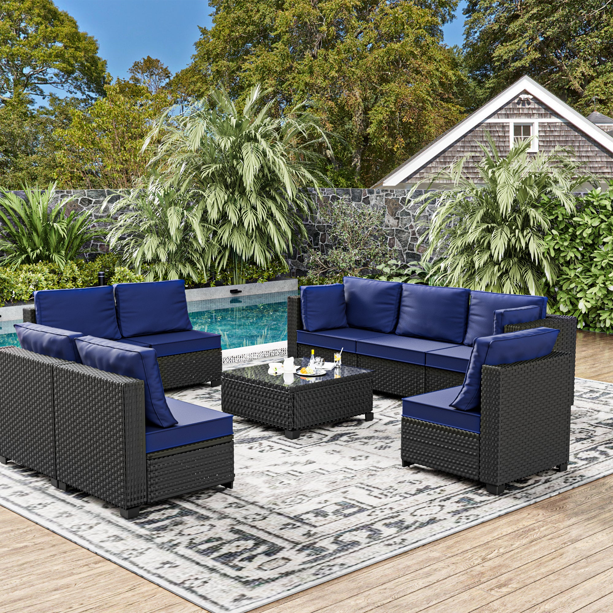 Ark Design 9-Piece Black Wicker Outdoor Patio Conversation Sectional Seating Set with Coffee Tables, Navy Blue Cushions with Sofa Protection Cover Option
