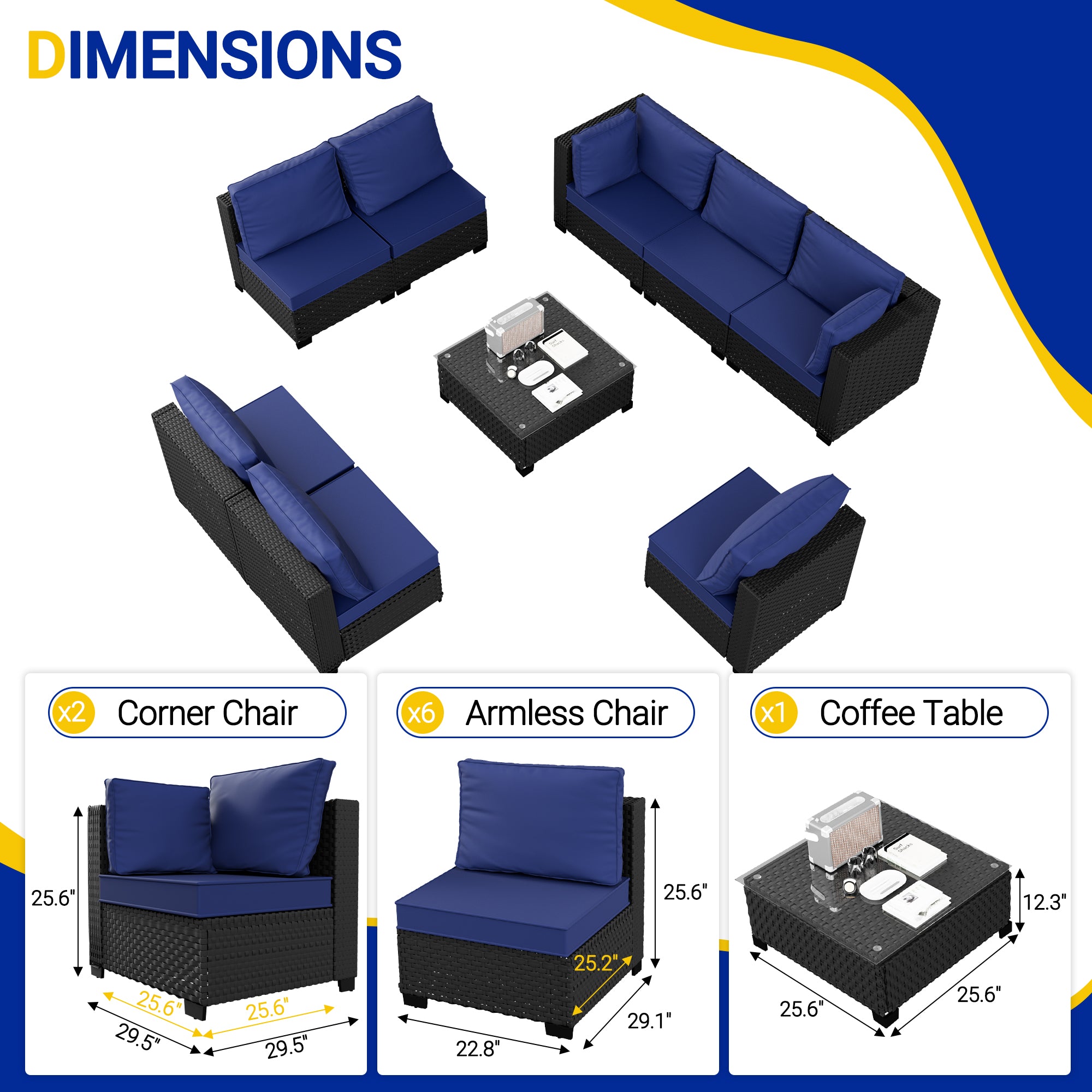 Ark Design 9-Piece Black Wicker Outdoor Patio Conversation Sectional Seating Set with Coffee Tables, Navy Blue Cushions with Sofa Protection Cover Option