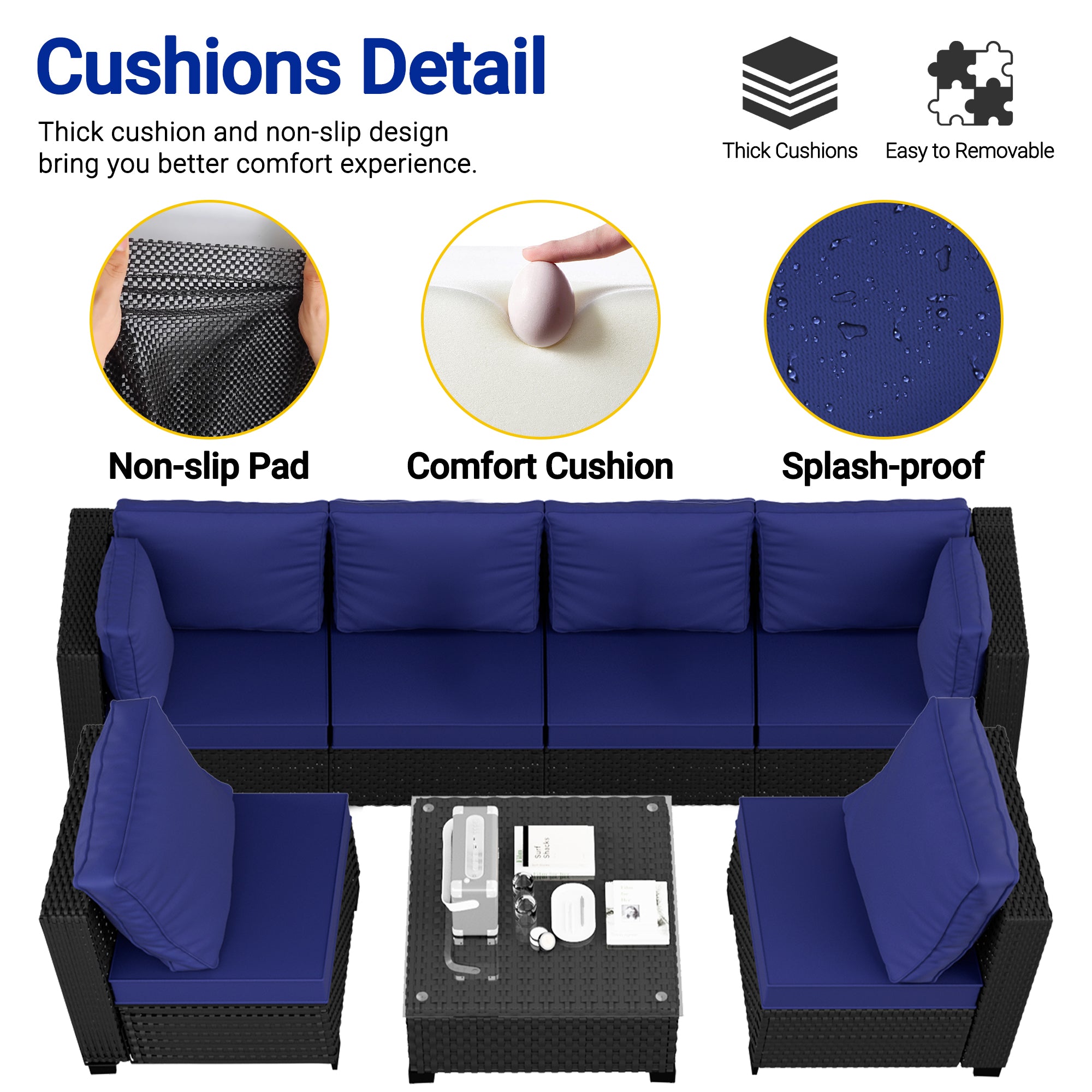 Ark Design 3-Piece Black Wicker Outdoor Patio Conversation Sectional Seating Set with Coffee Tables, Navy Blue Cushions with Sofa Protection Cover Option