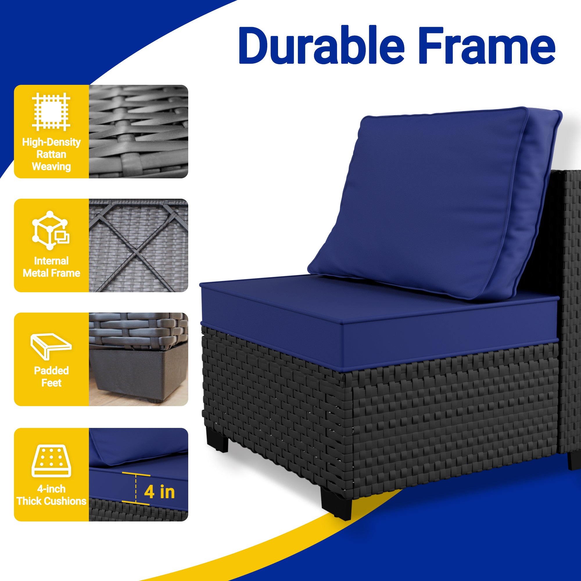 Ark Design 3-Piece Black Wicker Outdoor Patio Conversation Sectional Seating Set with Coffee Tables, Navy Blue Cushions with Sofa Protection Cover Option