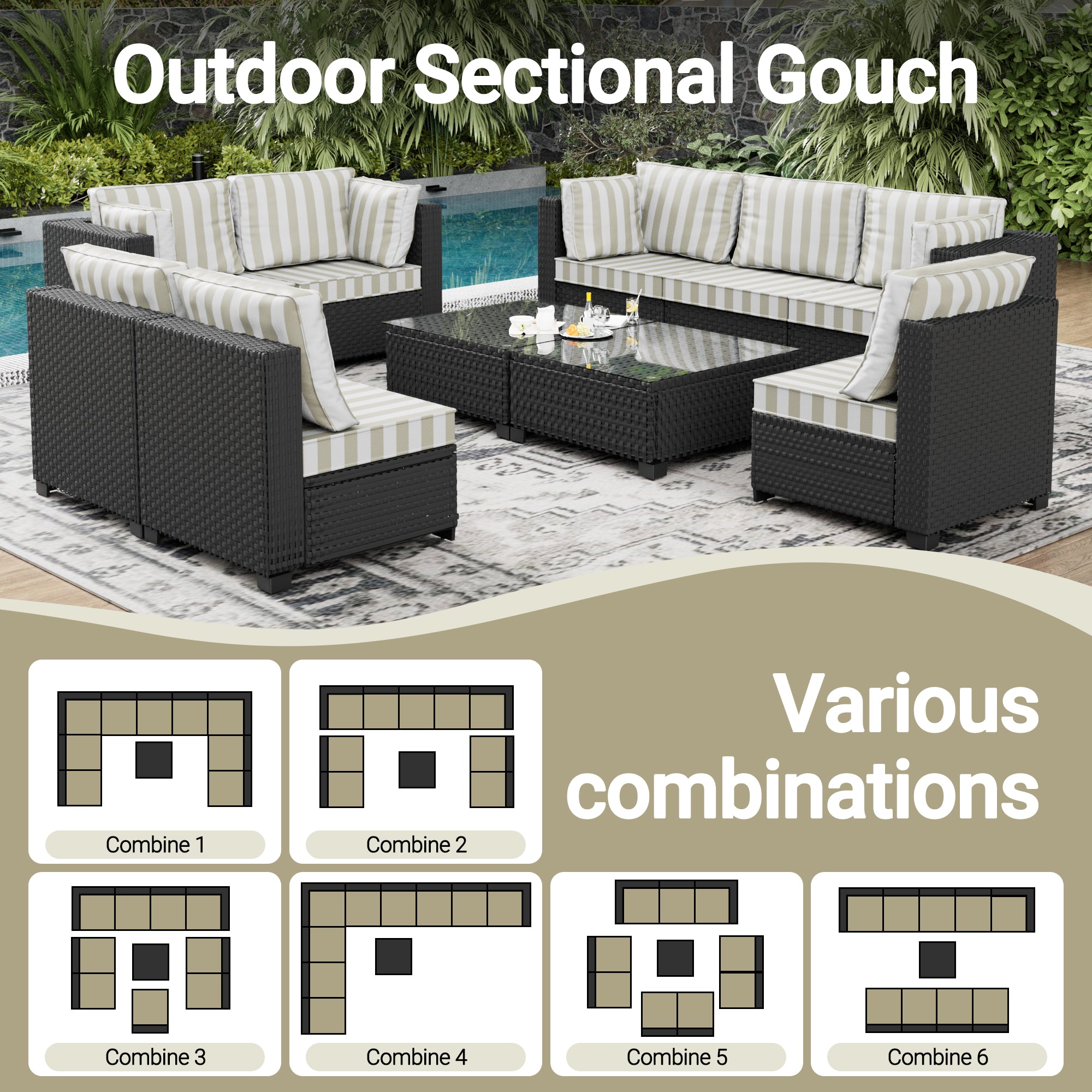 Ark Design 10-Piece Rattan Wicker Outdoor Patio Conversation SofaSeating Set with Coffee Table, Stripe Brown Cushions with Sofa Protection Cover Option
