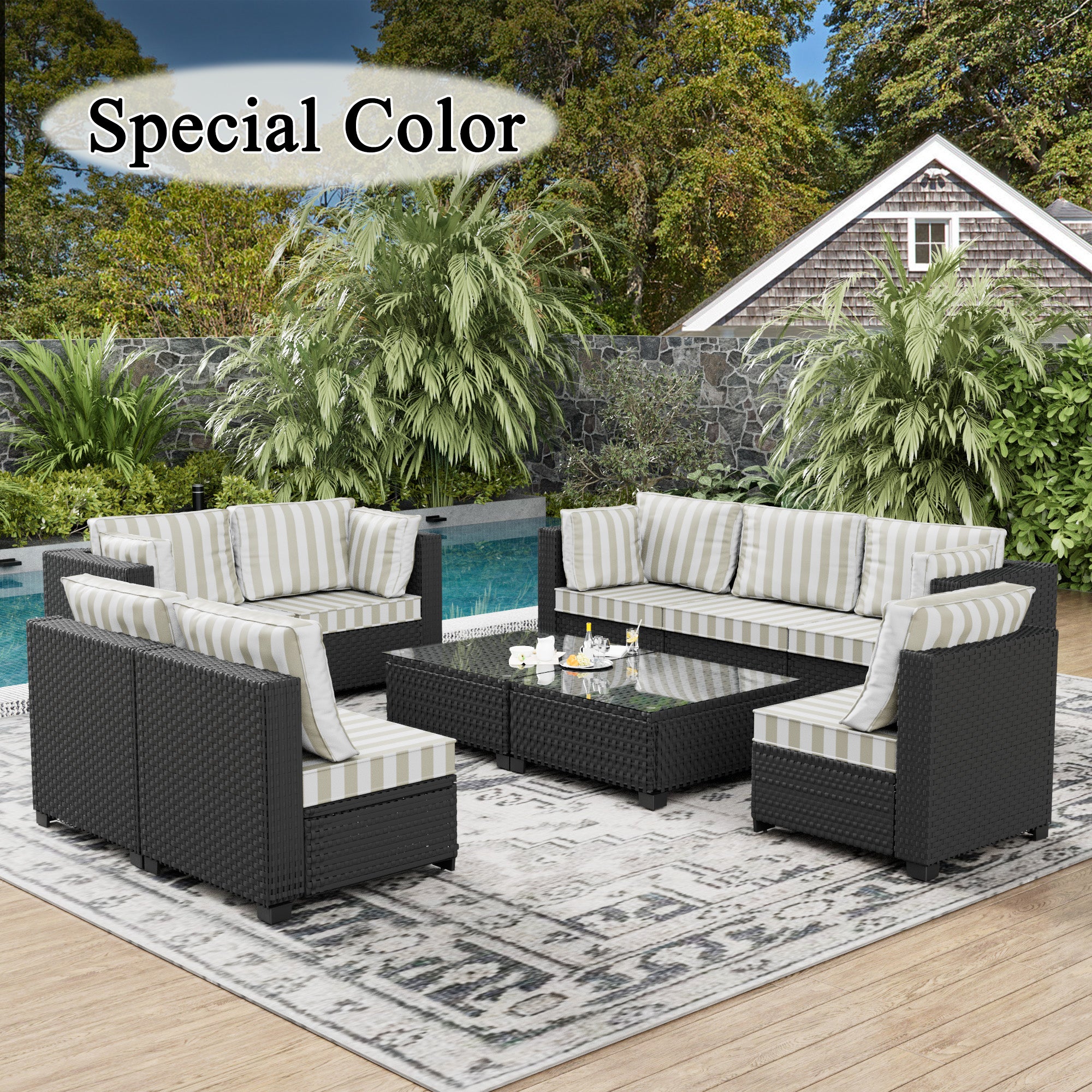 Ark Design 10-Piece Rattan Wicker Outdoor Patio Conversation SofaSeating Set with Coffee Table, Stripe Brown Cushions with Sofa Protection Cover Option